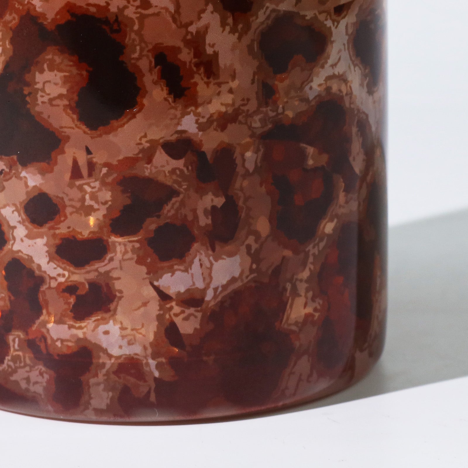 Detailed Partial Shot of Organic Tortoise Spots Pattern on High-Gloss Translucent Candle Vessel - Boowan Nicole