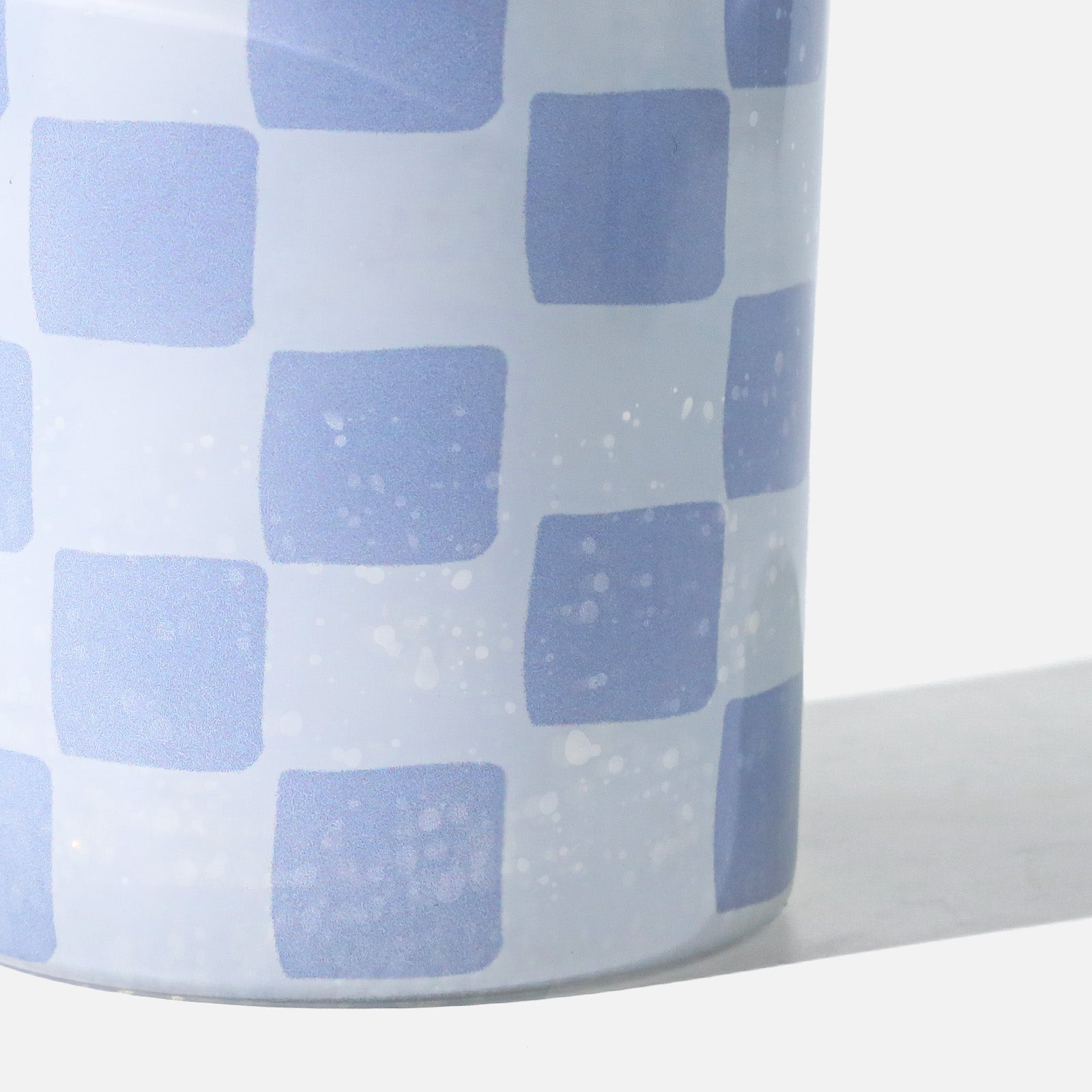Close-up of Soft Watercolor Blue Checker Pattern on Semi-opaque Candle Vessel - Boowan Nicole