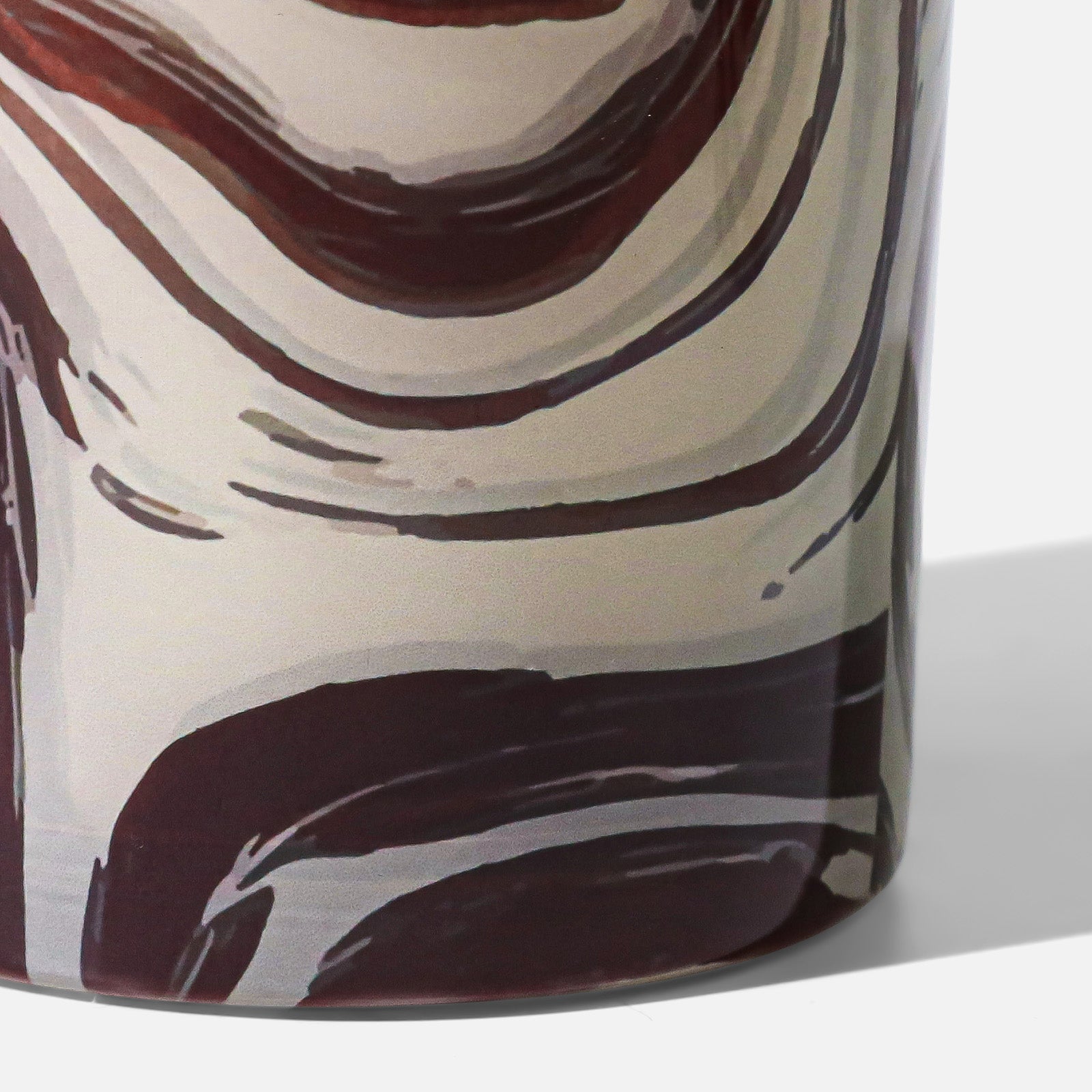 Detailed Partial Shot of Hand-Painted Irregular Wine Red Curved Marble Vein Pattern on Smooth Gloss Translucent Candle Vessel - Boowan Nicole