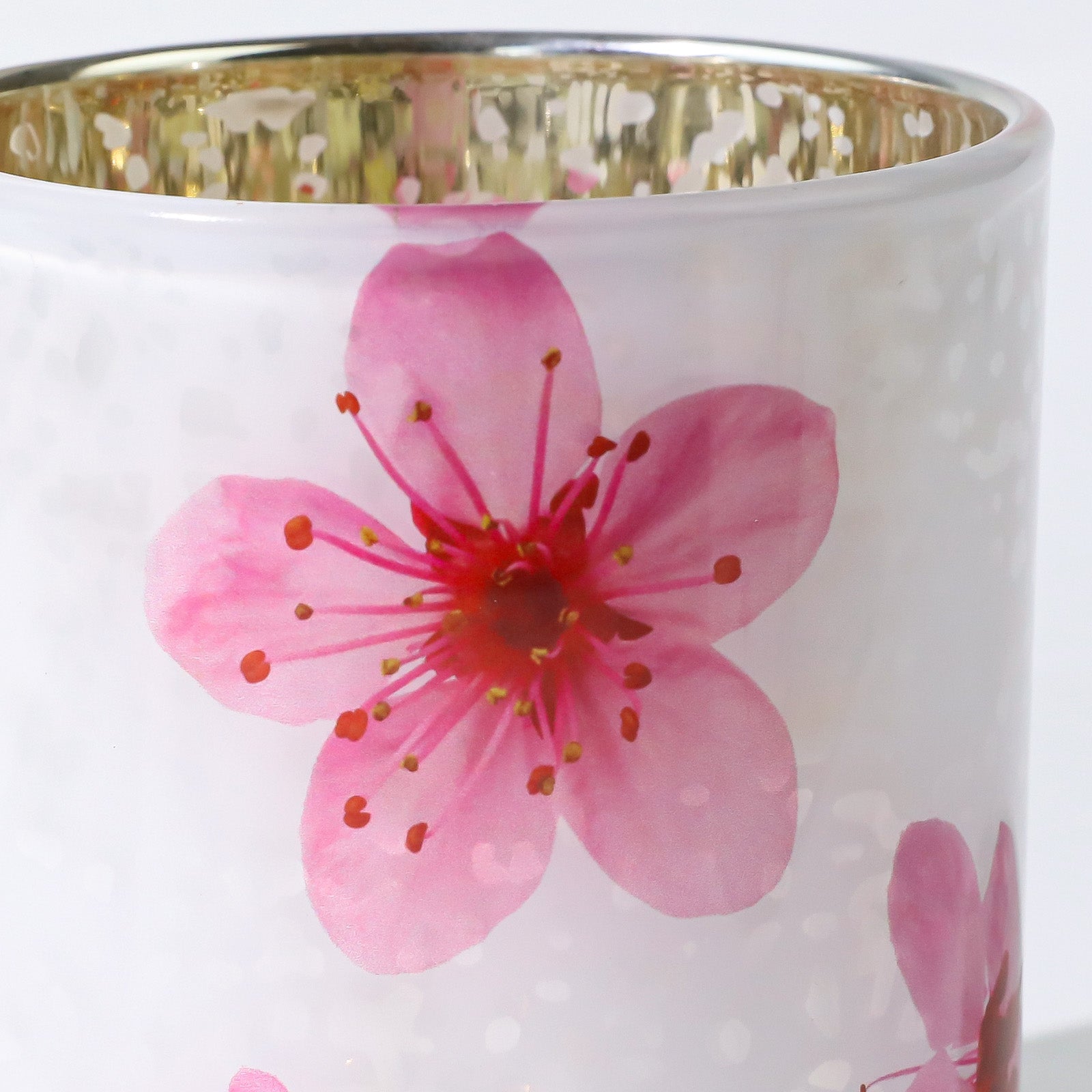 Macro Close-up of Detailed Watercolor Pink Cherry Blossom Art on Semi-Opaque Frosted Candle Glass Surface - Boowan Nicole
