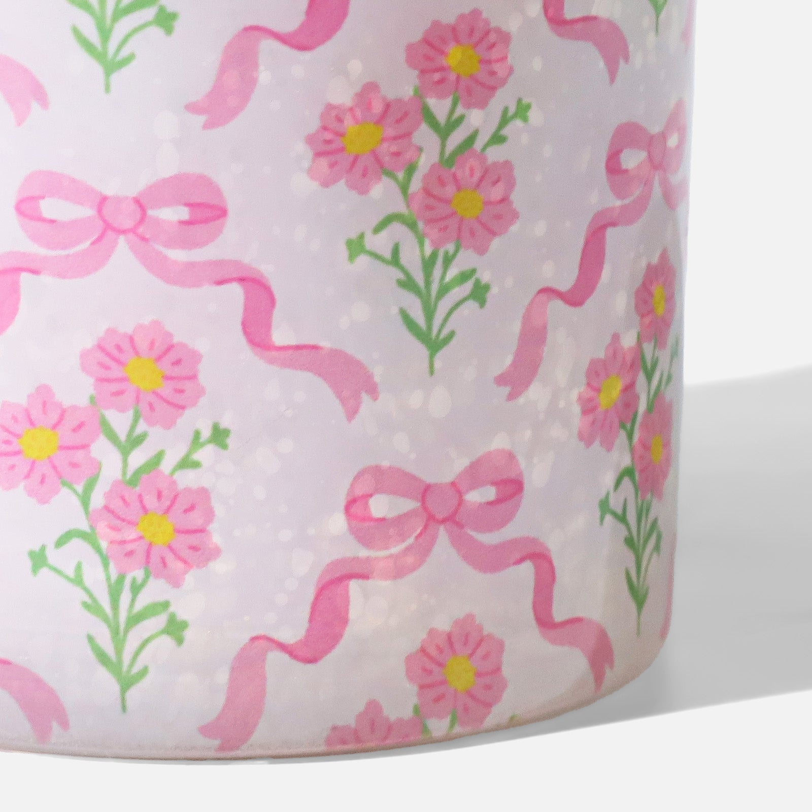 Detailed Partial Shot of Vintage Pastel Floral & Bow Repeat Pattern on Semi-Opaque Frosted Candle Vessel - Boowan Nicole