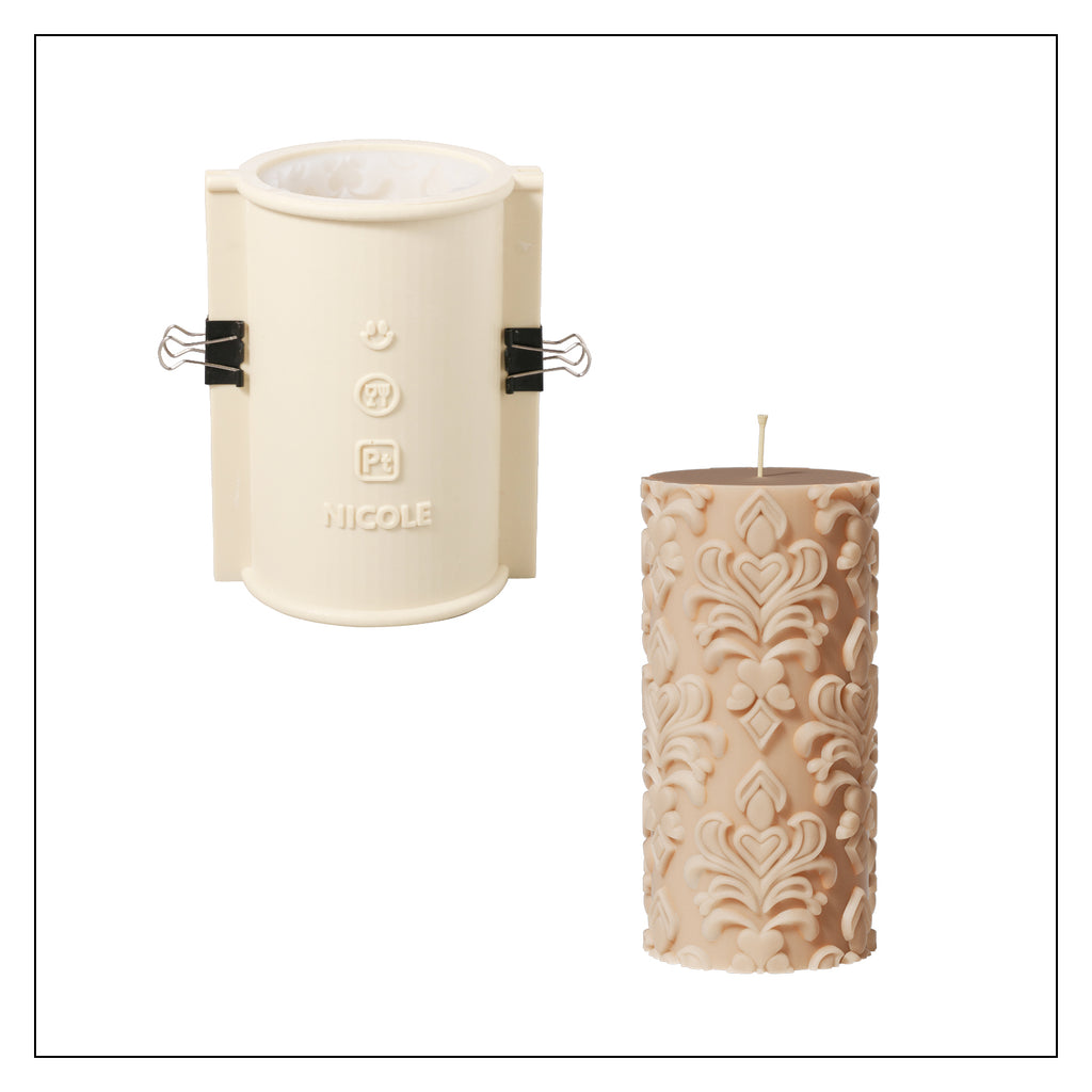 Silicone mold set paired with crafted pink relief patterned candles, a simple yet creative combination.