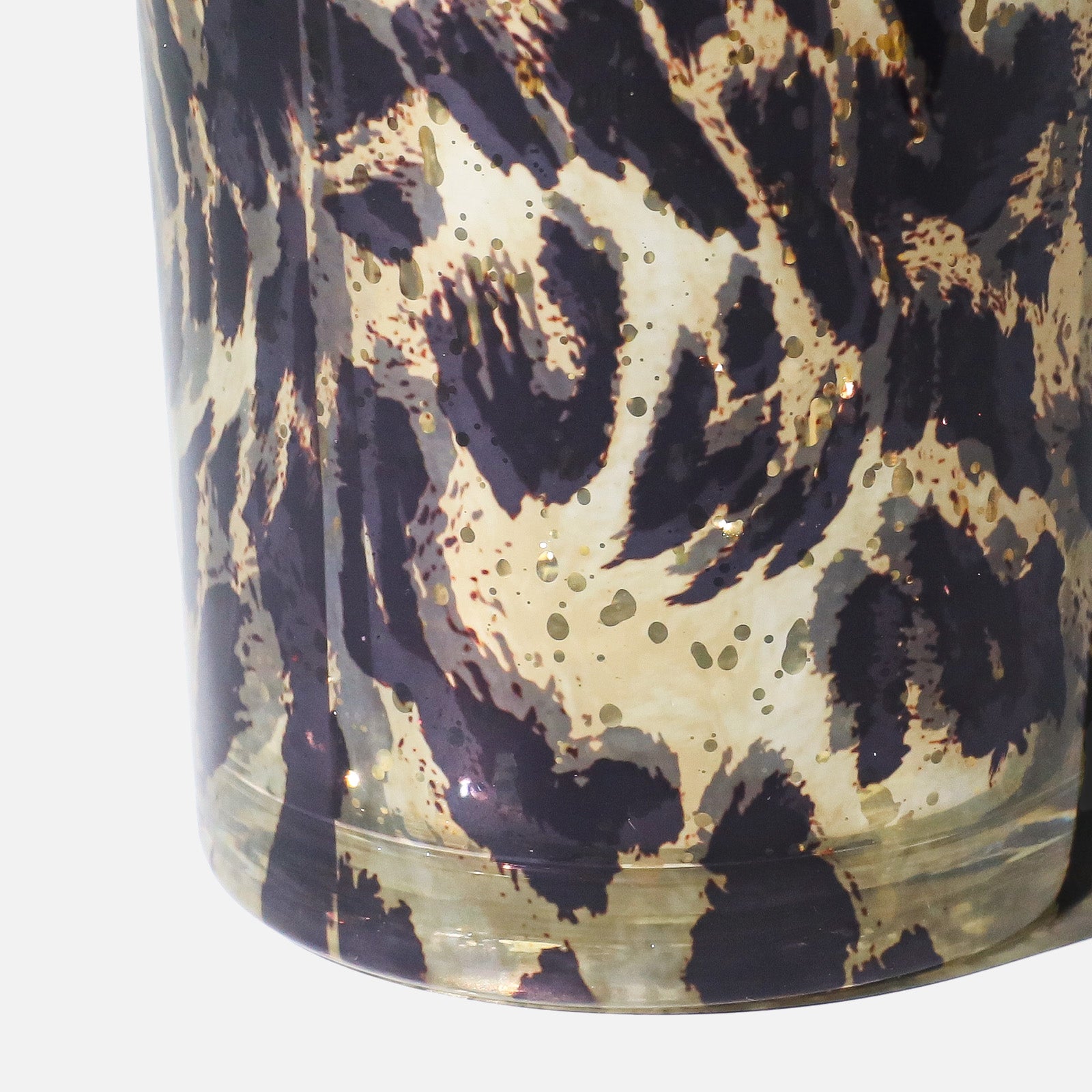 Detailed Partial Shot of Organic Hand-Drawn Black Leopard Spots With Embedded Gold Flecks on Smooth Translucent Candle Vessel - Boowan Nicole
