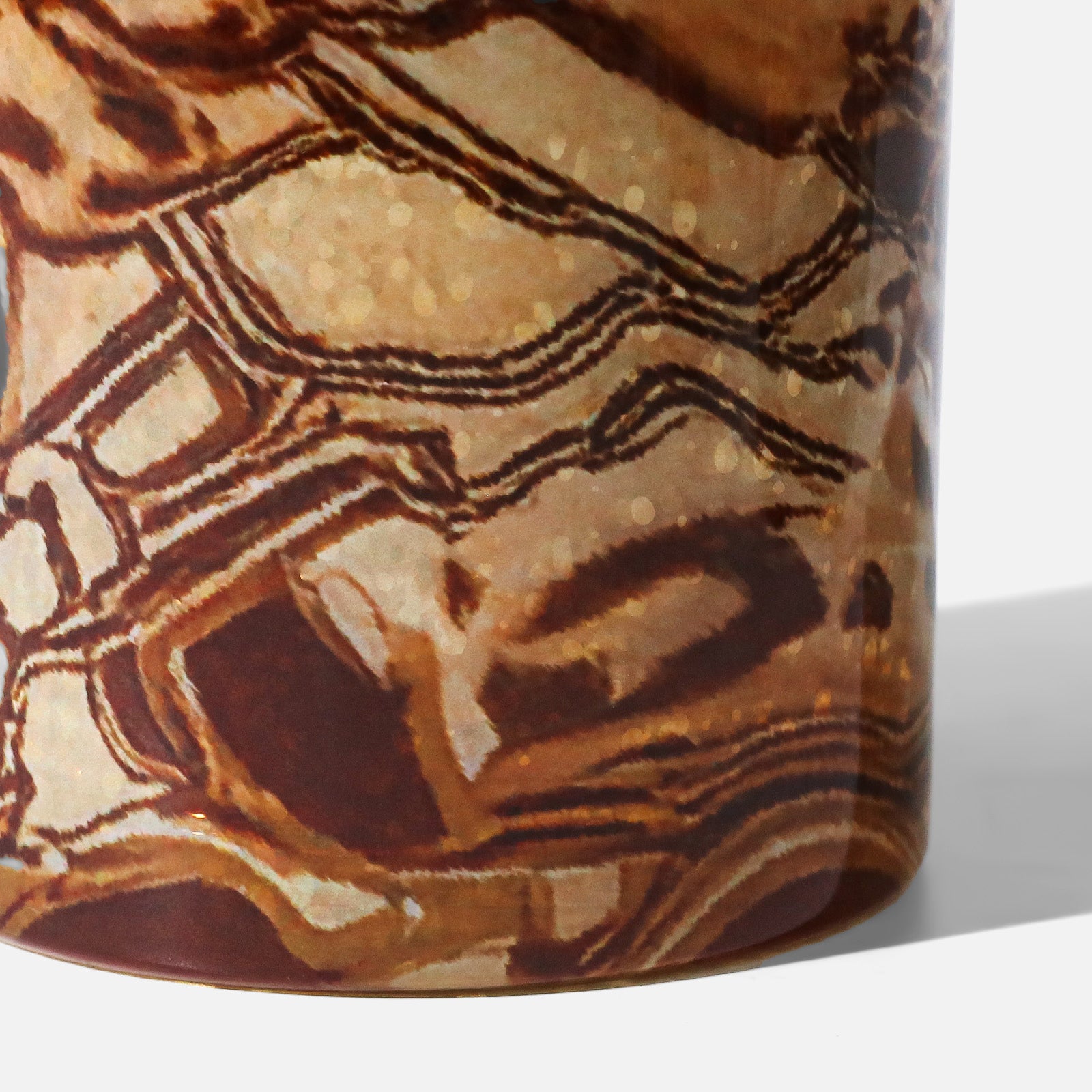Detailed Partial Shot of Irregular Brown Black Wildlife Spots & Stripes Pattern on Smooth Gloss Candle Vessel - Boowan Nicole