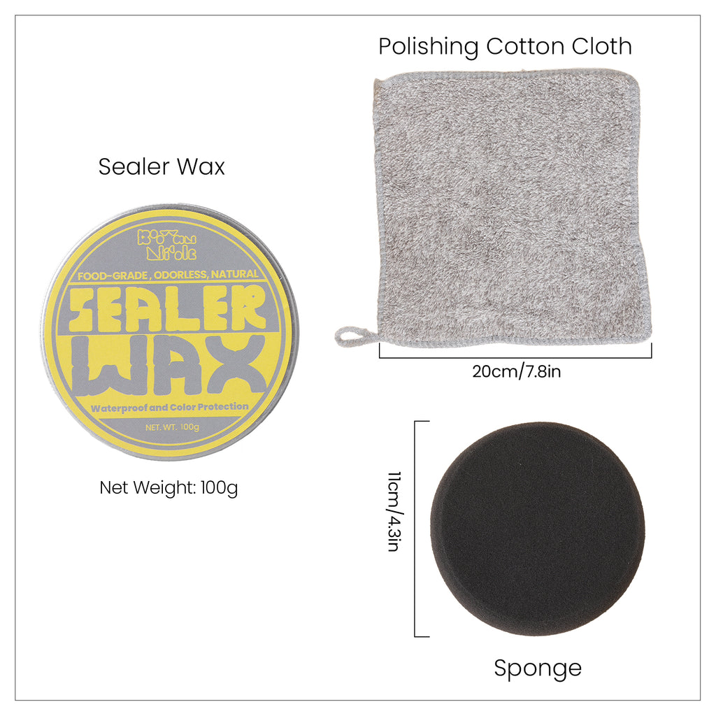 The 100g Boowannicole Sealer Wax set includes a 7.8-inch square polishing cloth and a 4.3-inch diameter sponge. Ideal for Jesmonite, concrete, wood, and more, our premium sealer wax provides lasting water resistance and vibrant aesthetics for your surfaces.
