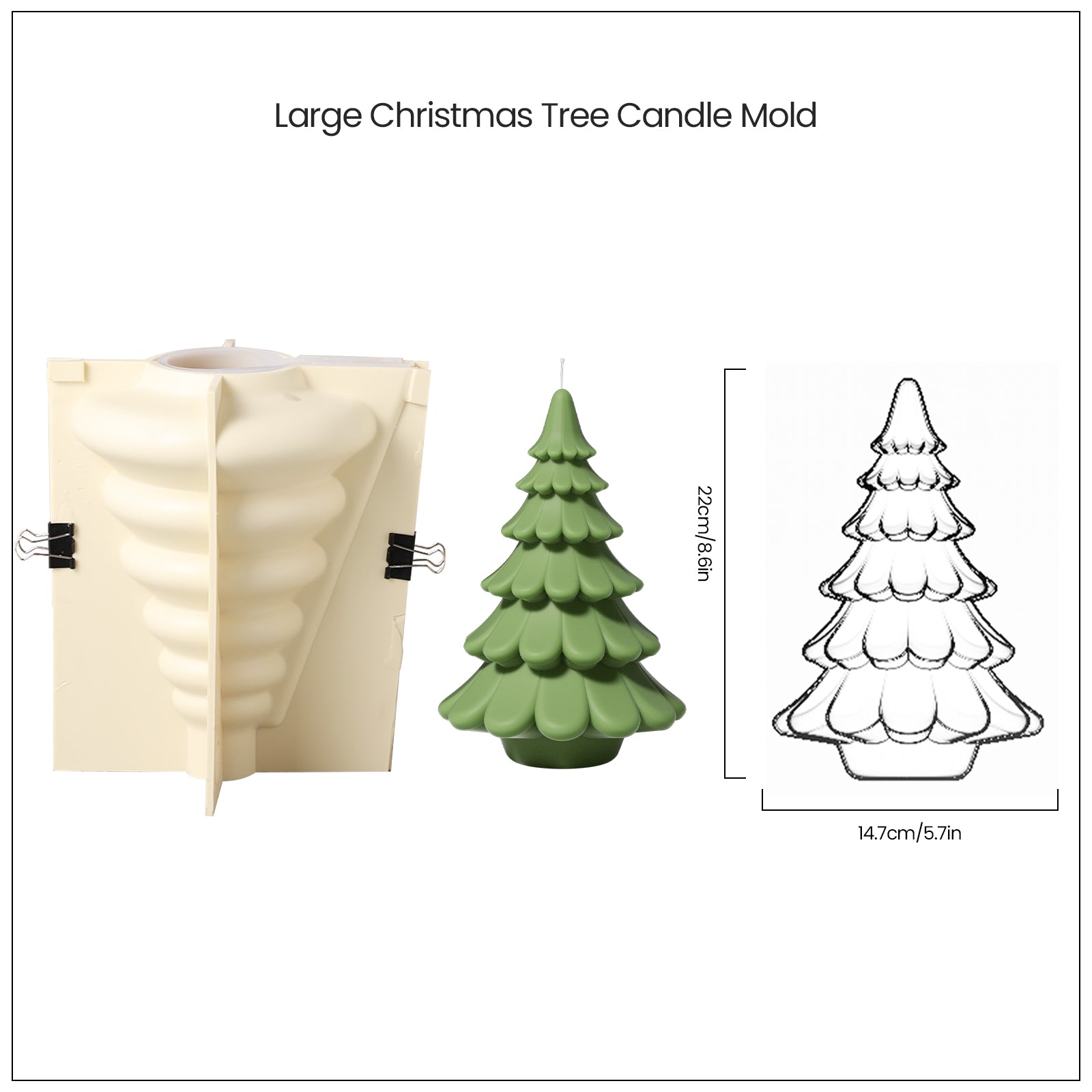 Green layered Christmas tree candles with silicone mold set and finished sizes, designed by Boowan Nicole.