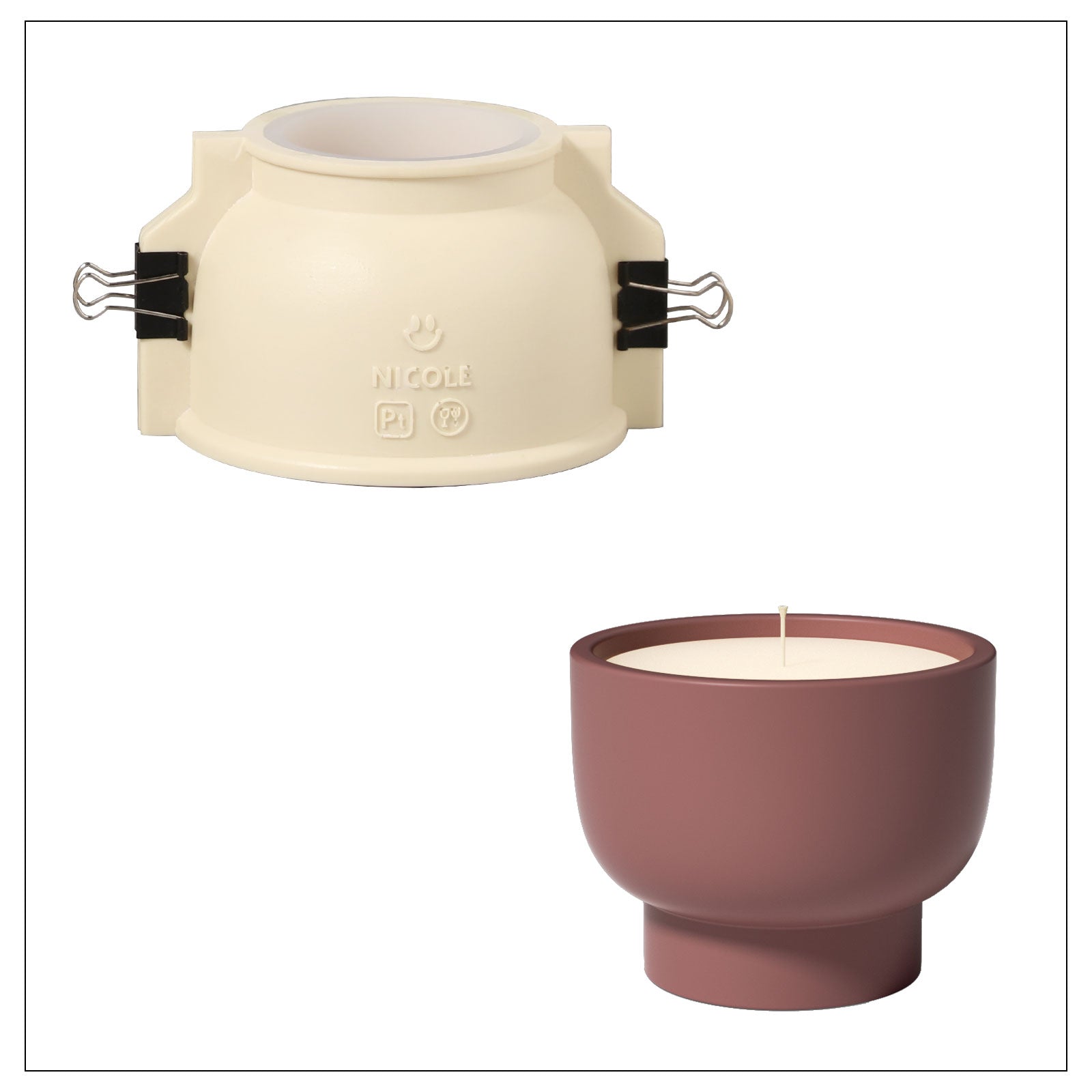 Silicone mold making kit and finished product display of bowl-shaped candle jars