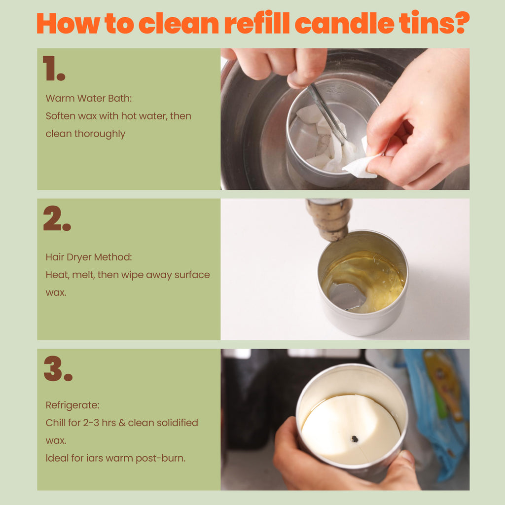 The picture and text show how to remove the remaining wax blocks from burned candles in aluminum cans.