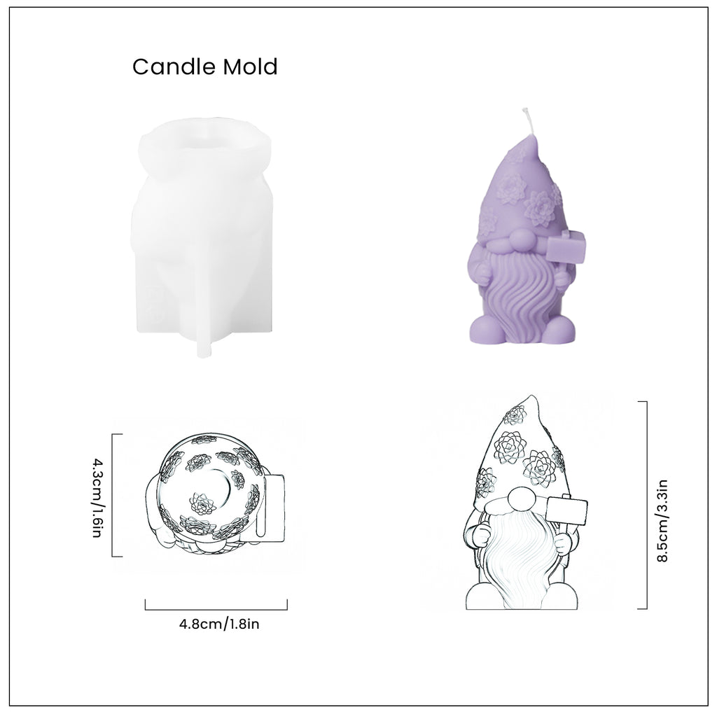 Purple Christmas Floral Hat Gnome Candle and White Silicone Mold and Finished Dimensions - Boowan Nicole