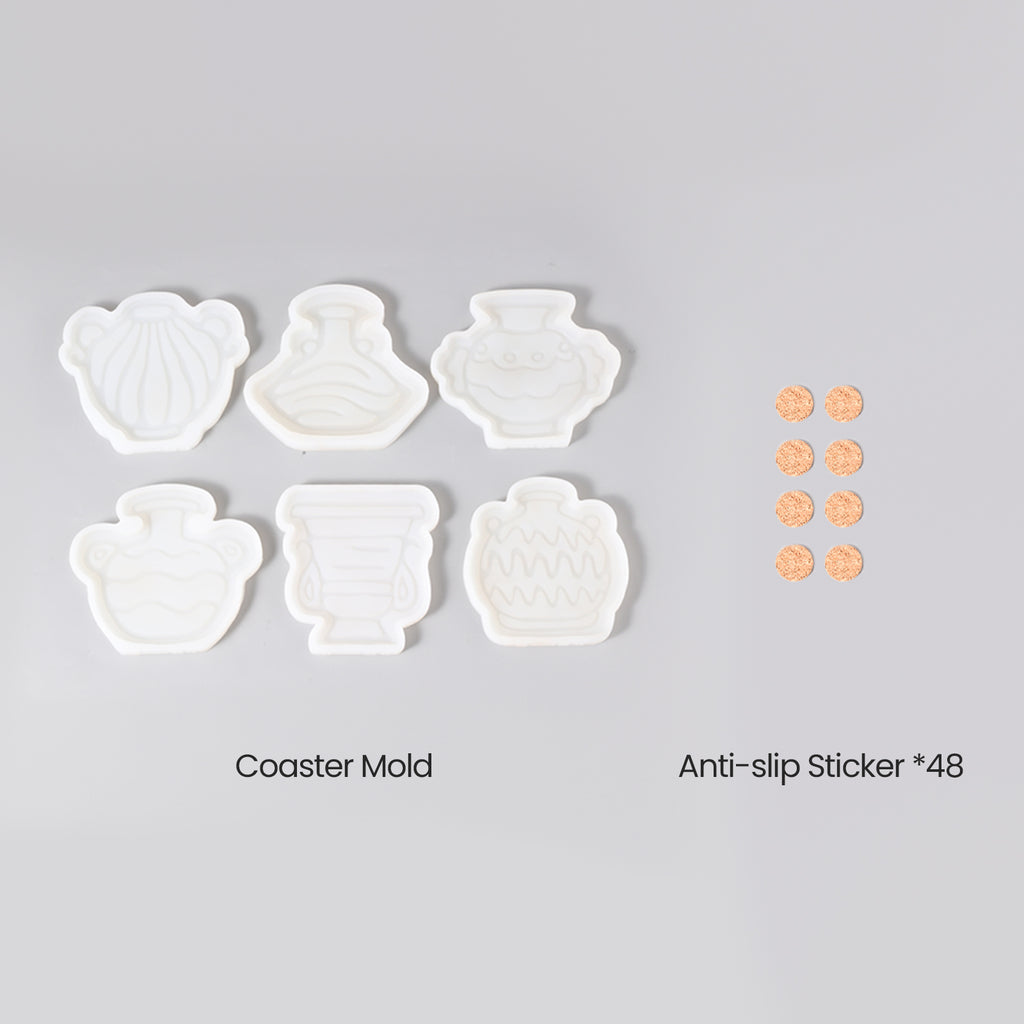 Six different-shaped silicone mold coasters come with 48 non-slip pads, designed by Boowan Nicole.