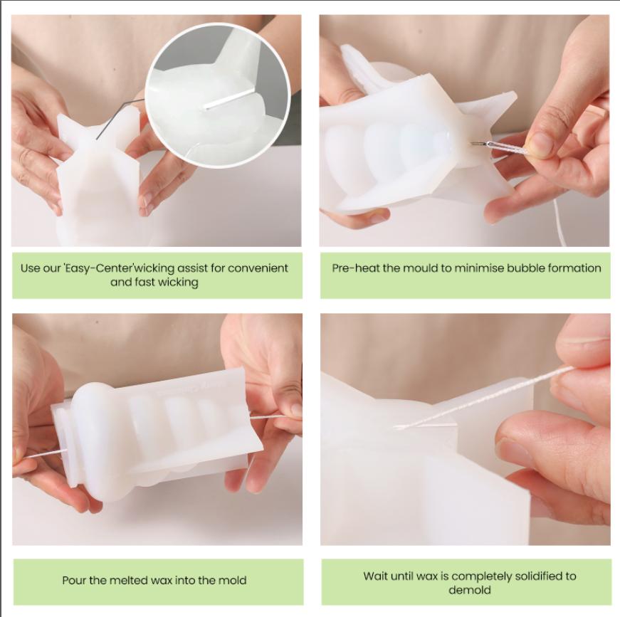 Graphics and text showing how to use the positioning holes of silicone molds, designed by Boowan Nicole.