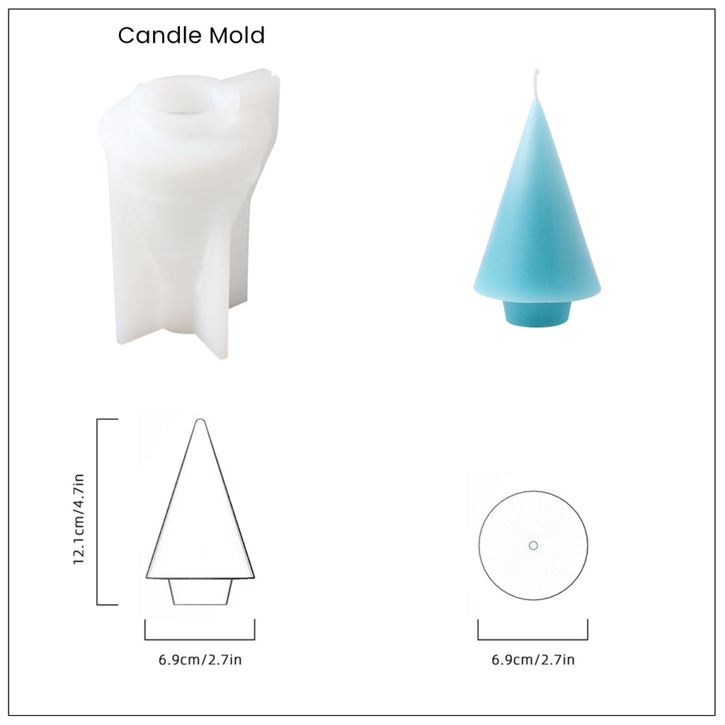 Blue and white conical Christmas tree candle and white silicone mold and finished product size-Boowan Nicole