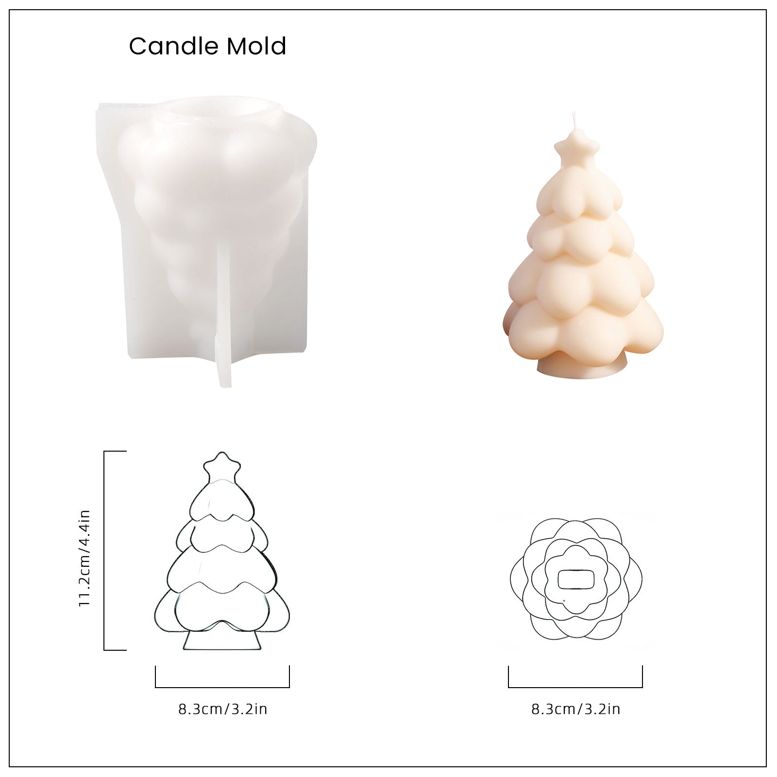 White Glowing Christmas Tree Candl and White Silicone Molds and Finished Dimensions - Boowan Nicole