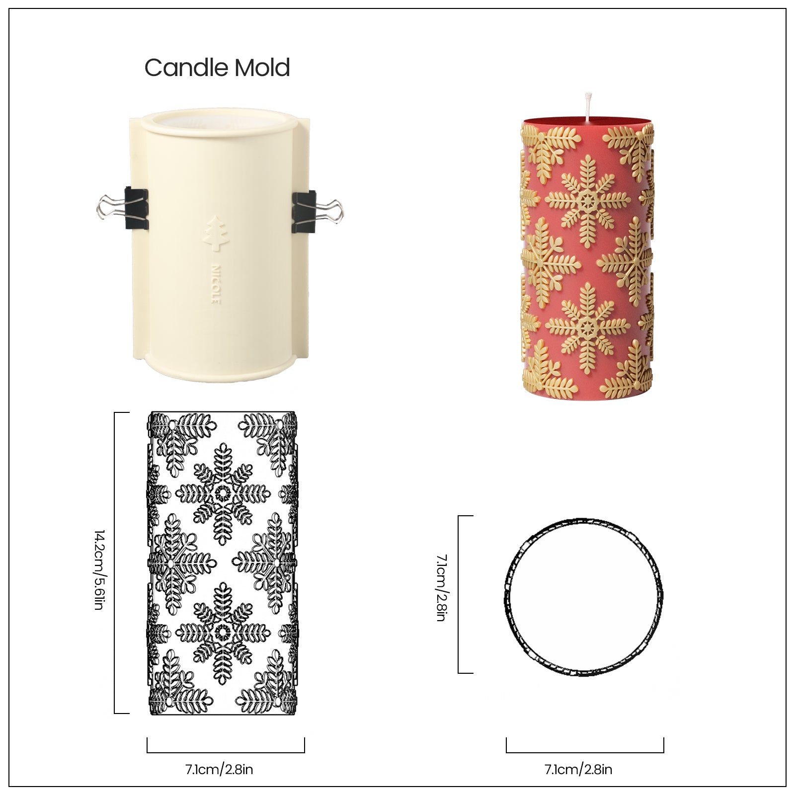 Displaying the red long gold snowflake embossed cylinder candle size and corresponding silicone mold set.