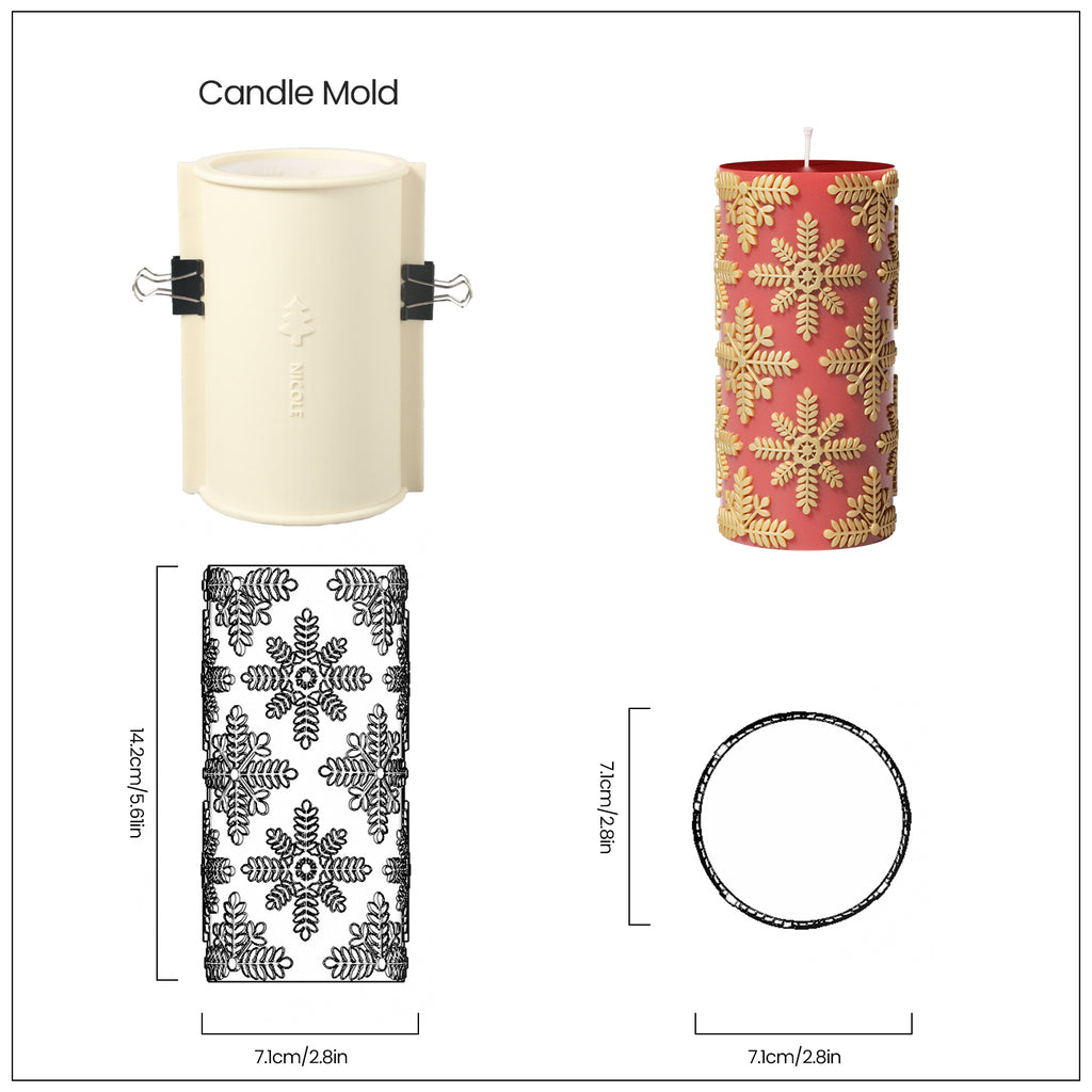 Displaying the red long gold snowflake embossed cylinder candle size and corresponding silicone mold set.