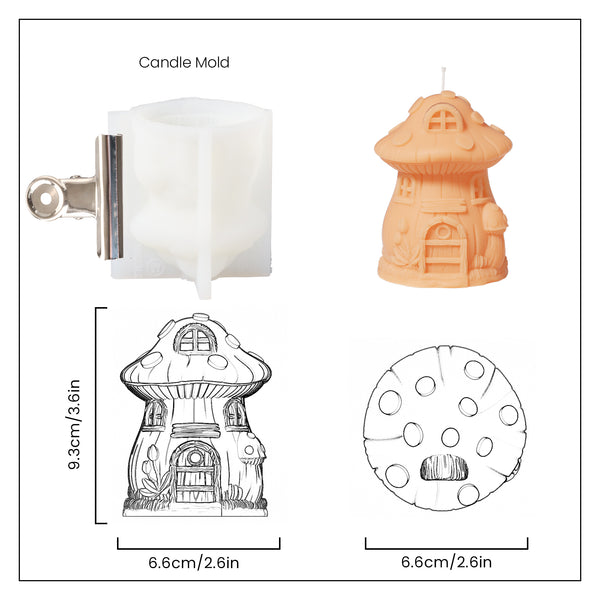 Pink mushroom house candle and white silicone molds and finished sizes for making mushroom house candles, designed by Boowan Nicole.