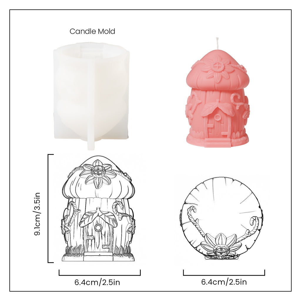 Pink Miniature Mushroom House Candle and white silicone mold and finished product size display -Boowan Nicole
