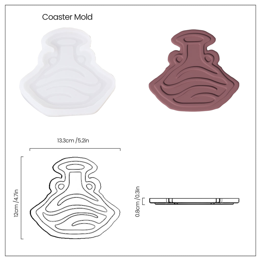 White silicone mold and reddish brown potion bottle shape and coaster size display, designed by Boowan Nicole.