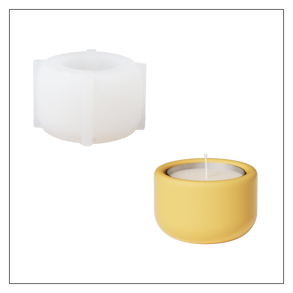 Yellow single-tiered candle holder and silicone mold, showcasing style.