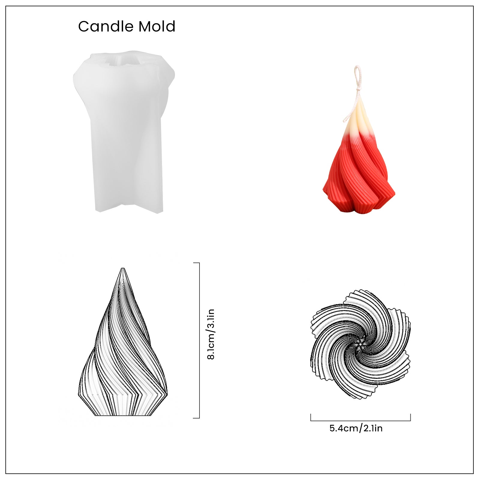 Red white top small Spiral Christmas Tree Candle and corresponding white silicone mold and finished product size-Boowan Nicole