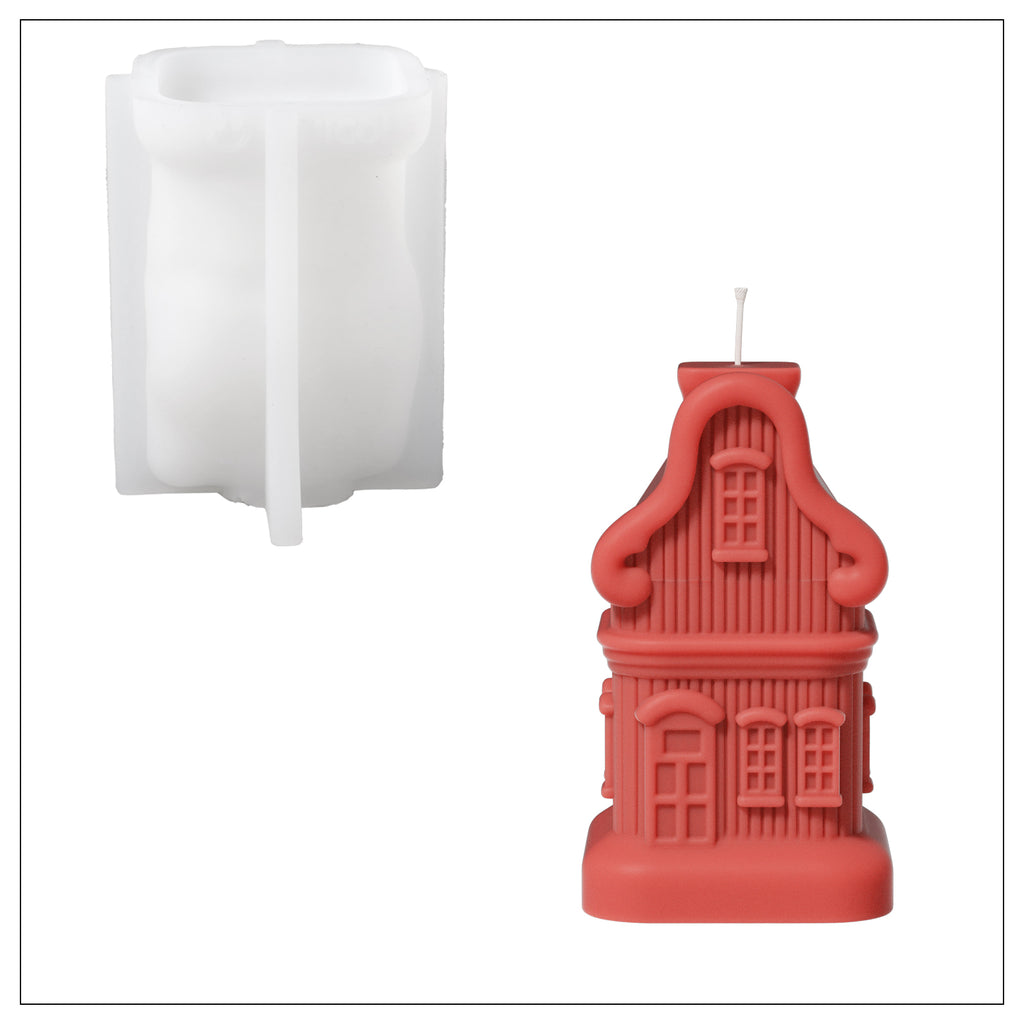 Red house candle and corresponding silicone mold.