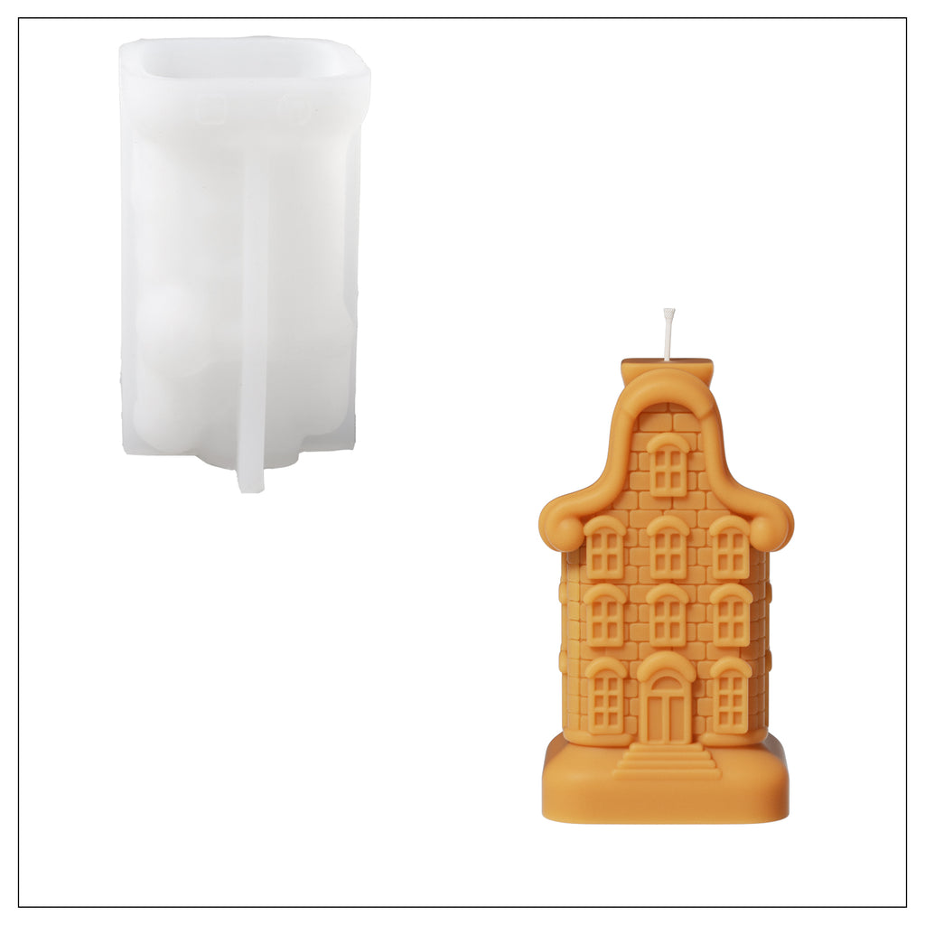 Egg yellow house candles and corresponding silicone molds.
