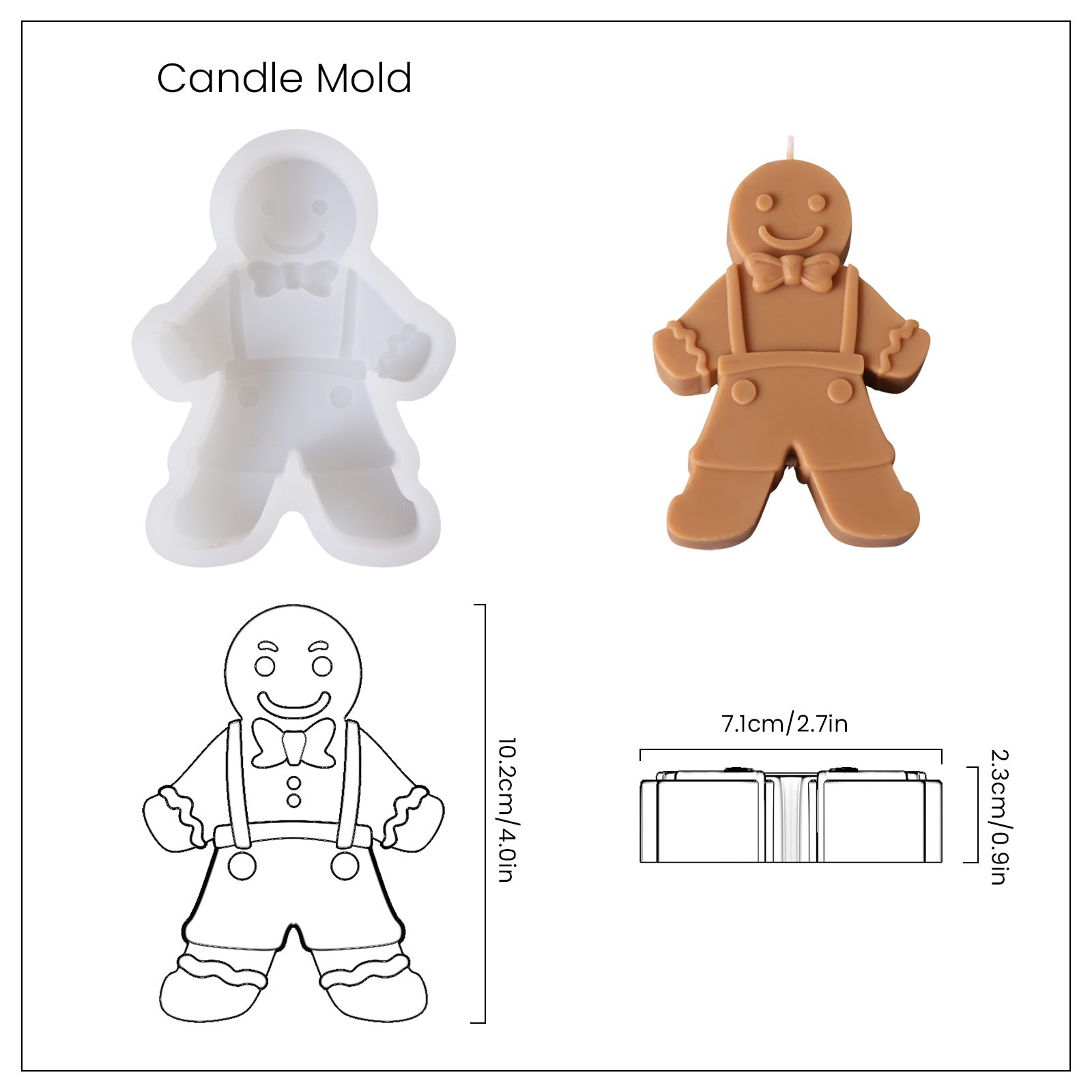 White silicone mold and brown gingerbread man candle with finished dimensions, designed by Boowan Nciole.