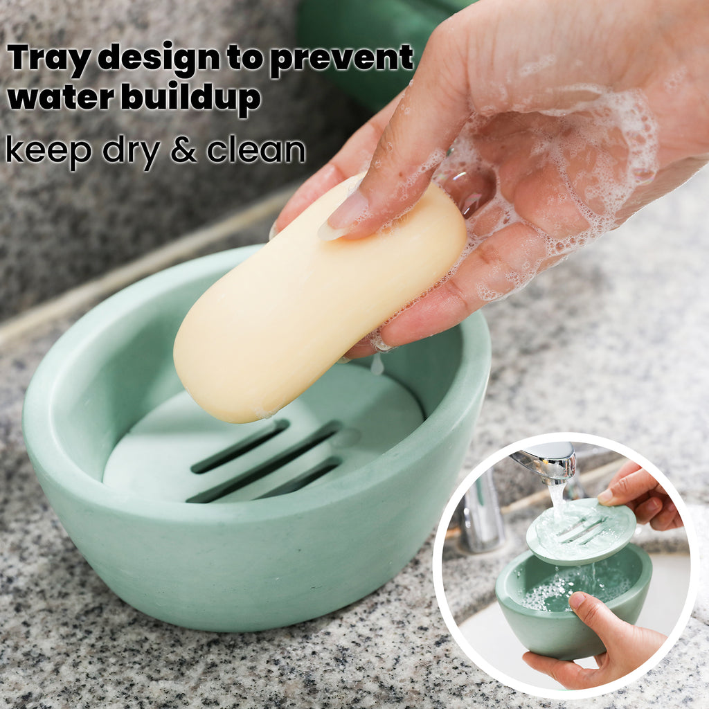 The display soap dish is washable and submersible to highlight product features.