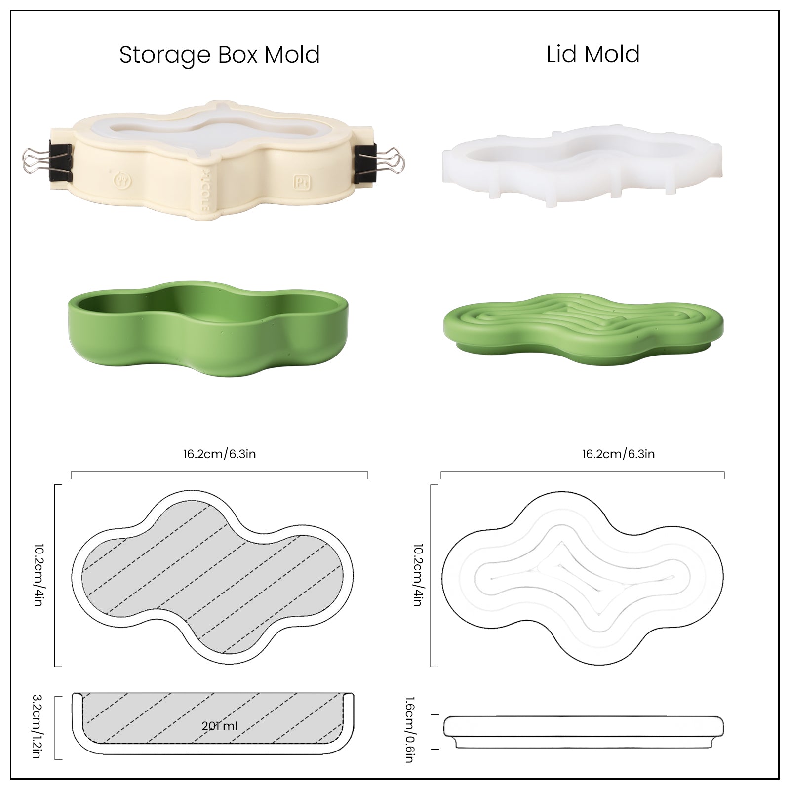 Green storage box and silicone mold making set and size display-Boowan Nicole
