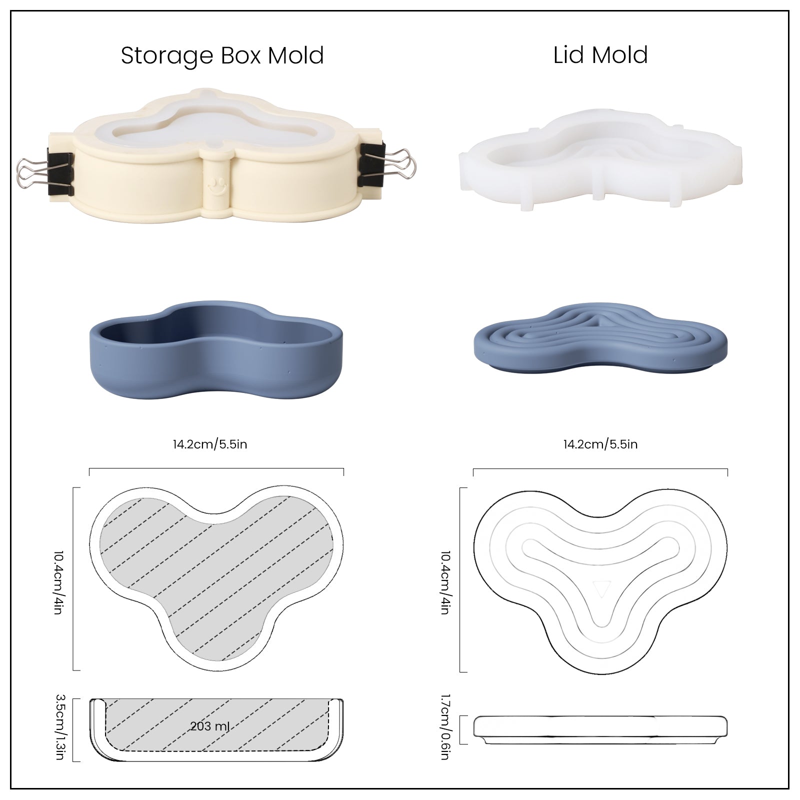 Blue wriggle candle jar and white silicone mold and finished product size chart-Boowan Nicole