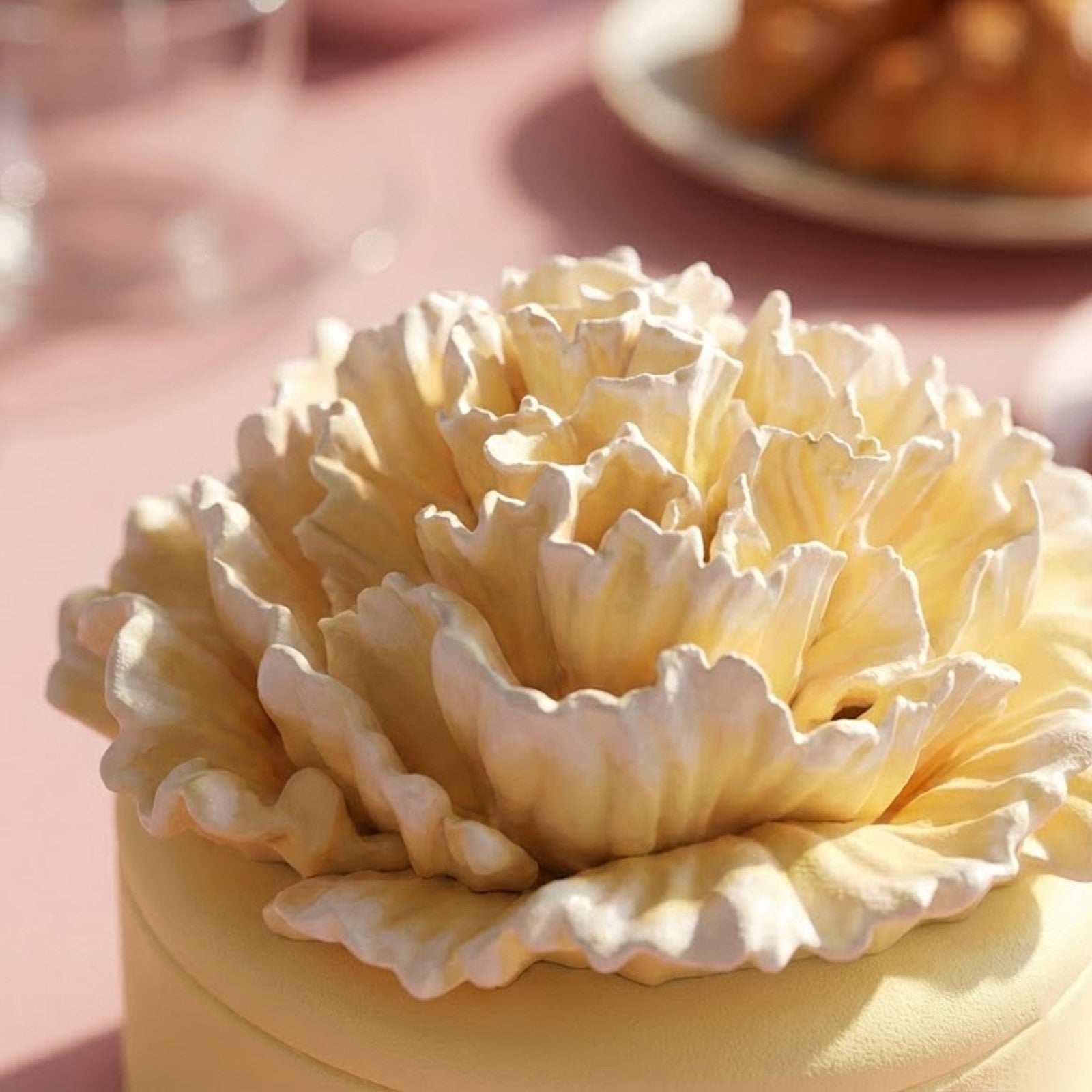 Close-up of a creamy yellow carnation-shaped candle jar lid with detailed petals -Boowan Nicole