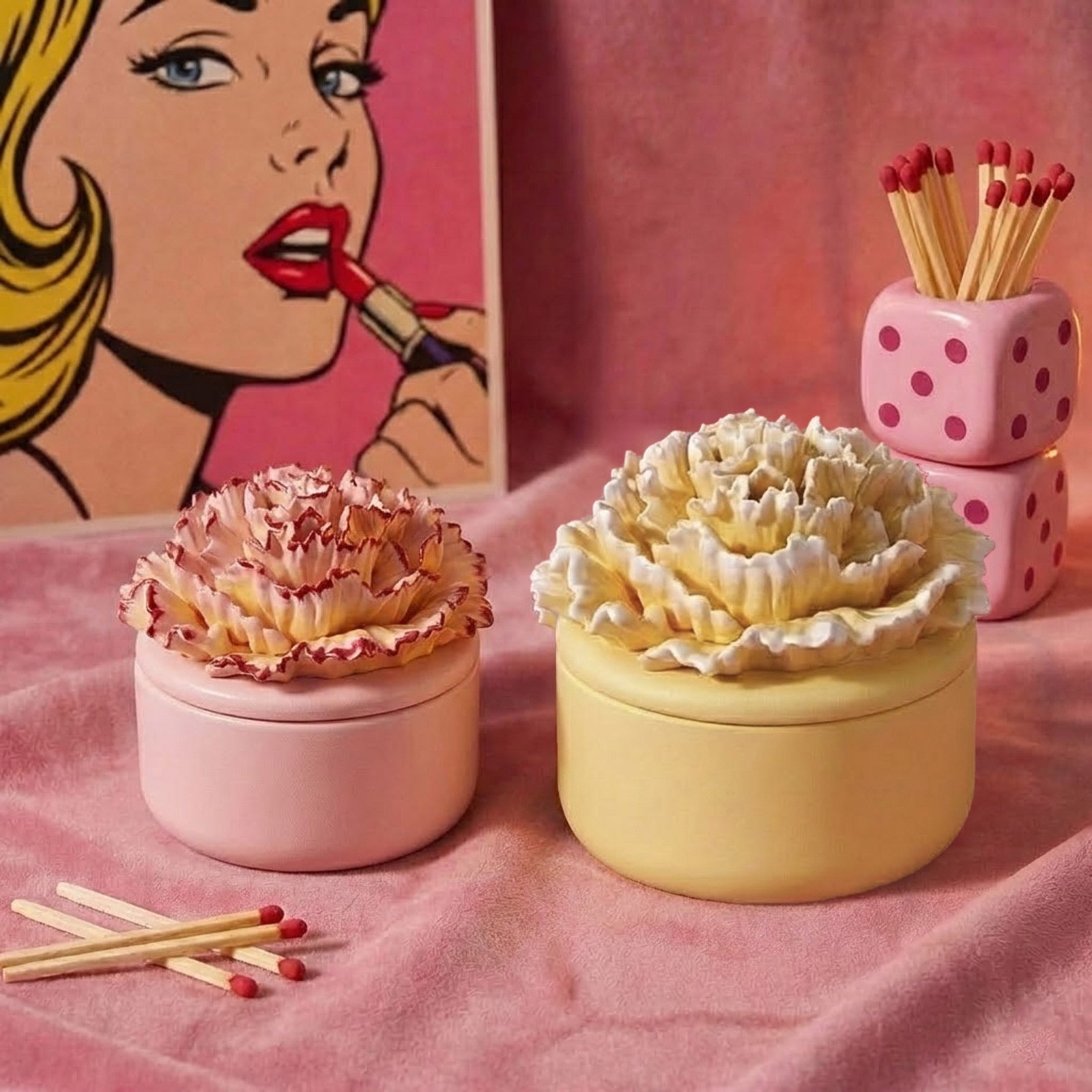 Pink and yellow carnation candle jars with retro pop art and pink dice decor -Boowan Nicole