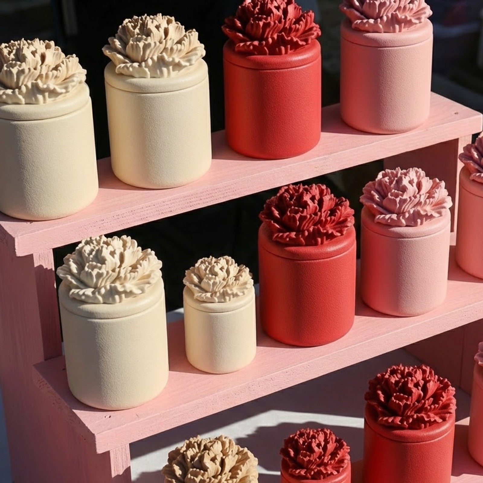 Assorted cream, red, and blush carnation candle jars displayed on a pink wooden shelf -Boowan Nicole