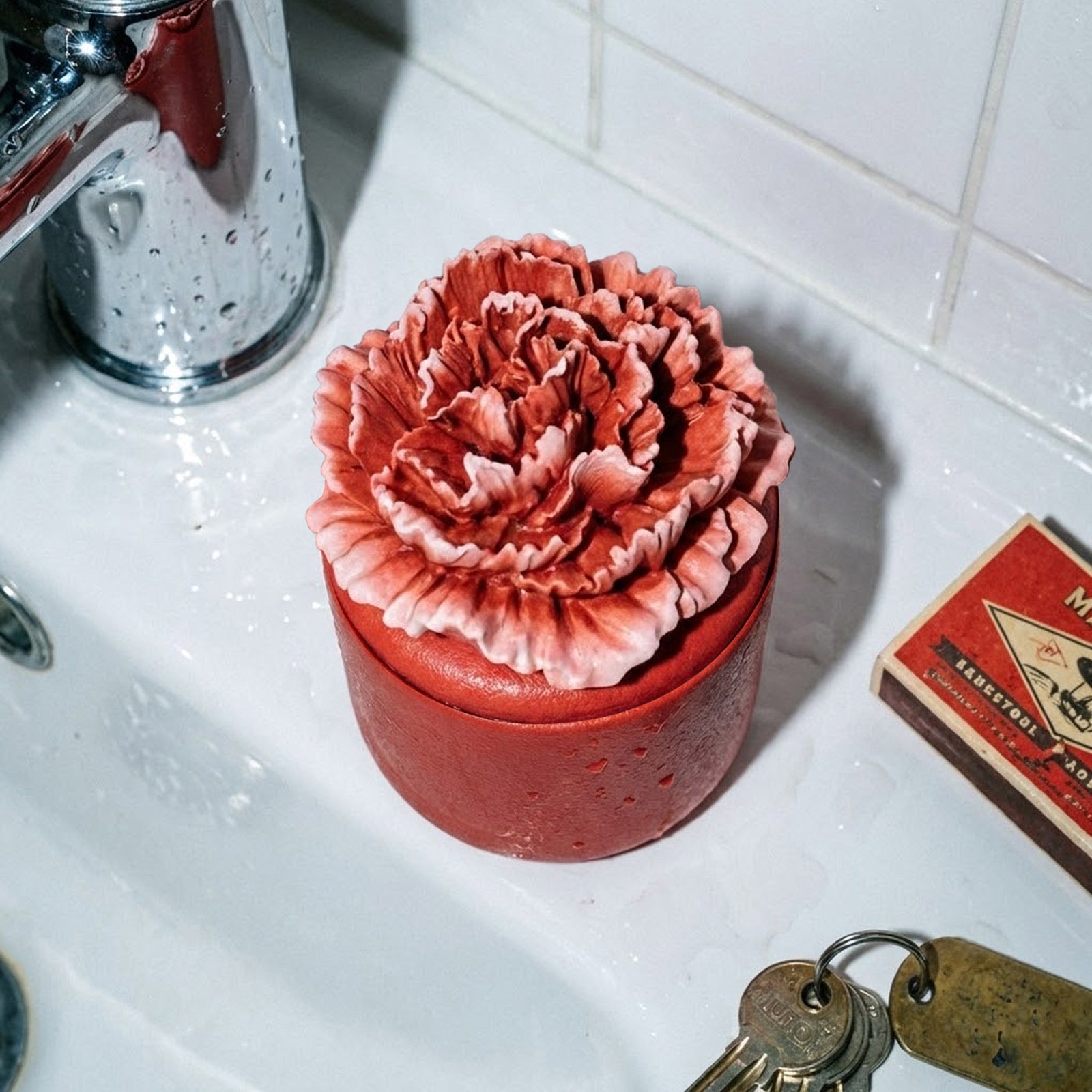 Red carnation candle jar with a detailed lid on a bathroom sink with keys and matchbox -Boowan Nicole