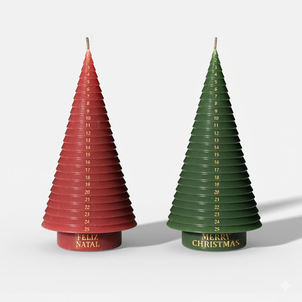 Advent countdown Christmas tree candles—red and green cone shapes with 1–25 numbers and “Merry Christmas” / “Feliz Natal” bases - Boowan Nicole