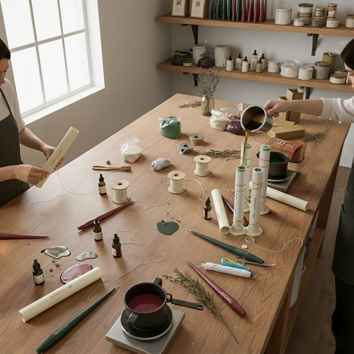 Candle-making workspace—pouring wax into vertical taper candle molds on a wooden table with wicks - Boowan Nicole