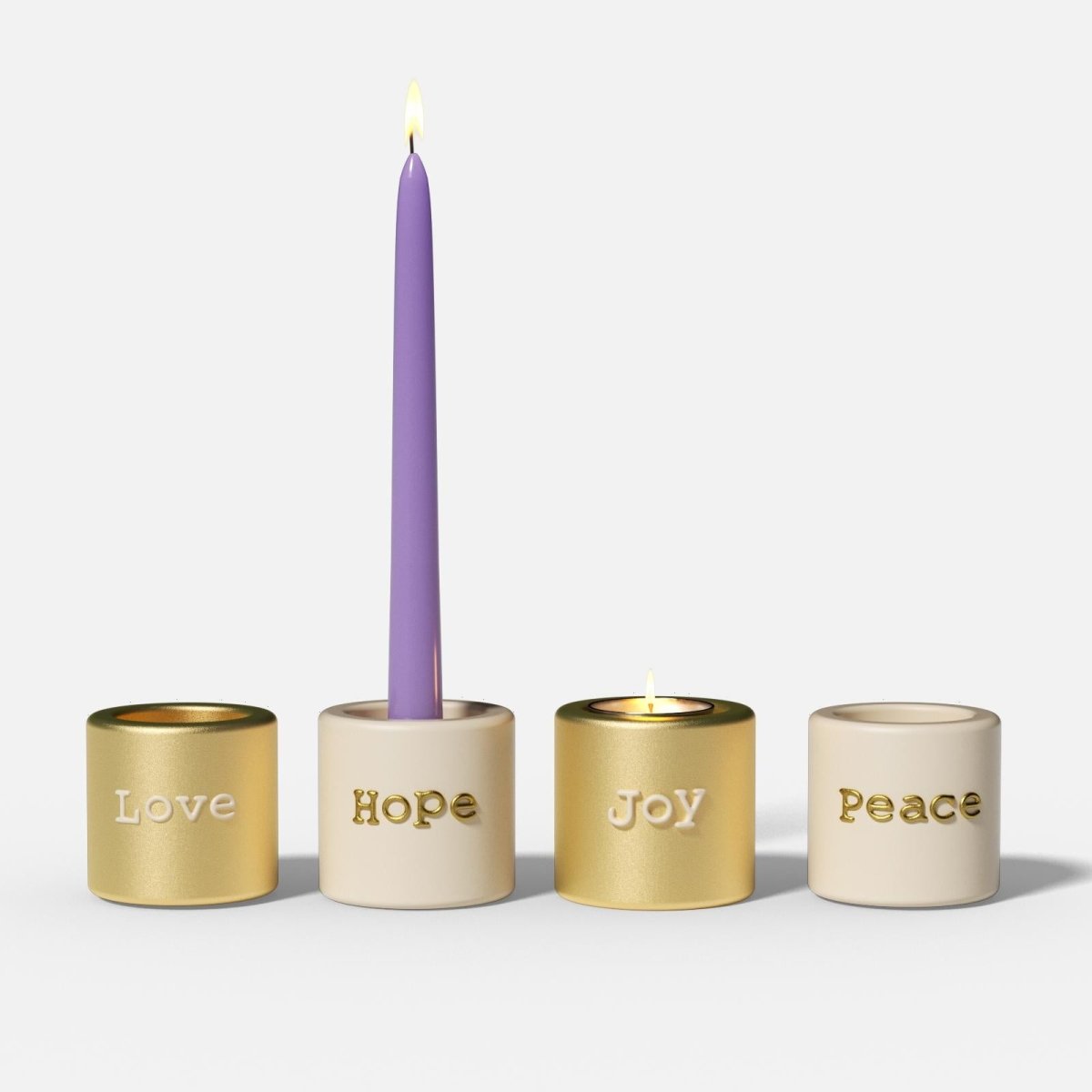 Set of gold and cream Advent candle holders with Love, Hope, Joy, and Peace engravings - Boowan Nicole