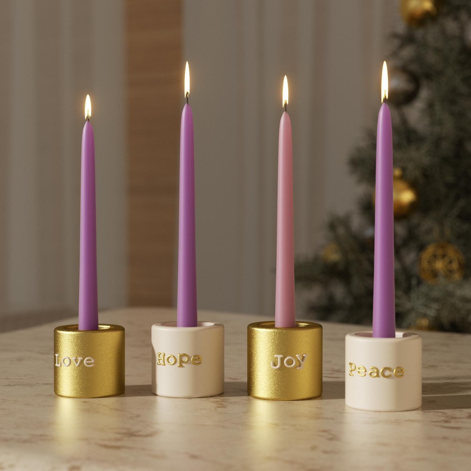 Gold and cream Advent candle holders with Love, Hope, Joy, Peace engravings holding taper candles – Christmas table decor - Boowan Nicole