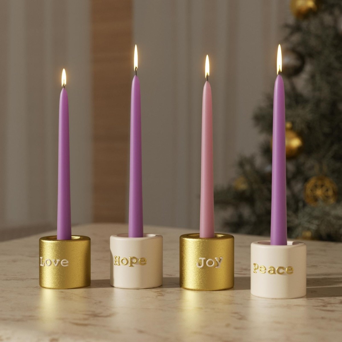 Gold and cream Advent candle holders with Love, Hope, Joy, Peace engravings holding taper candles – Christmas table decor - Boowan Nicole