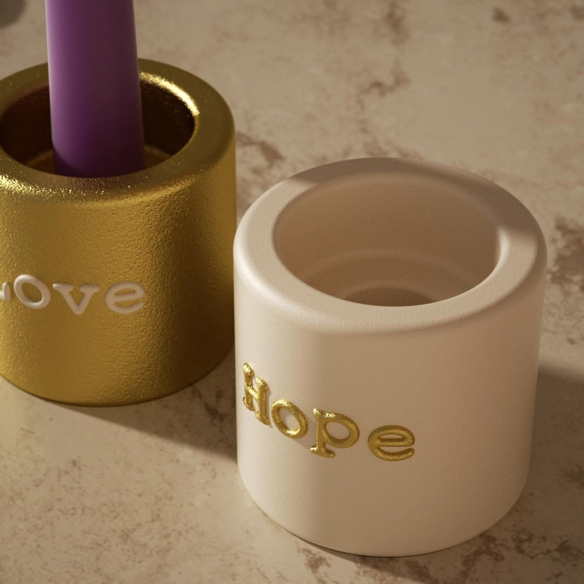 Close-up of gold and cream Advent candle holders with embossed Hope text – handmade Christmas decor detail- Boowan Nicole