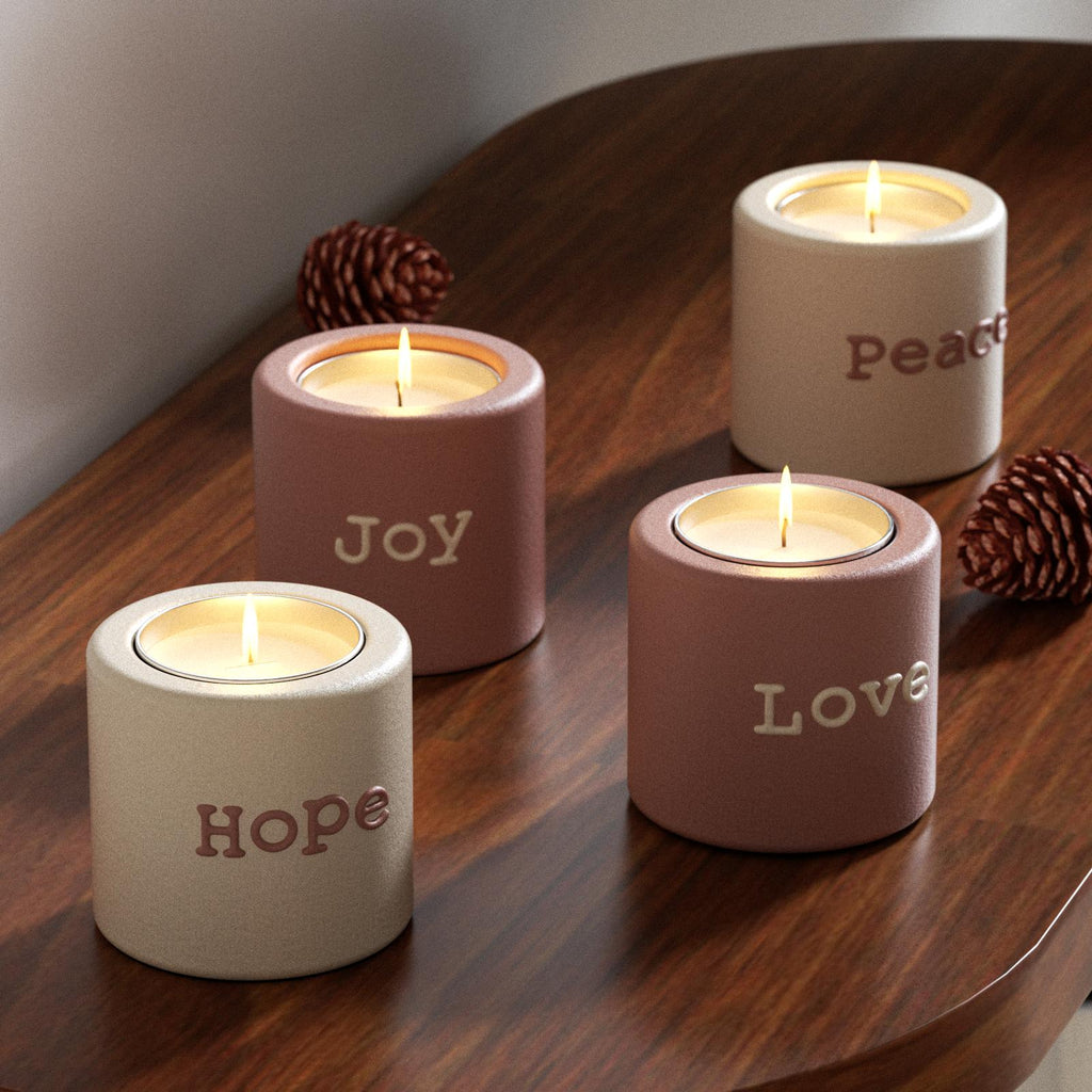 Set of tealight Advent candle holders with Hope, Joy, Love, Peace engravings on wooden table – Christmas home decor - Boowan Nicole