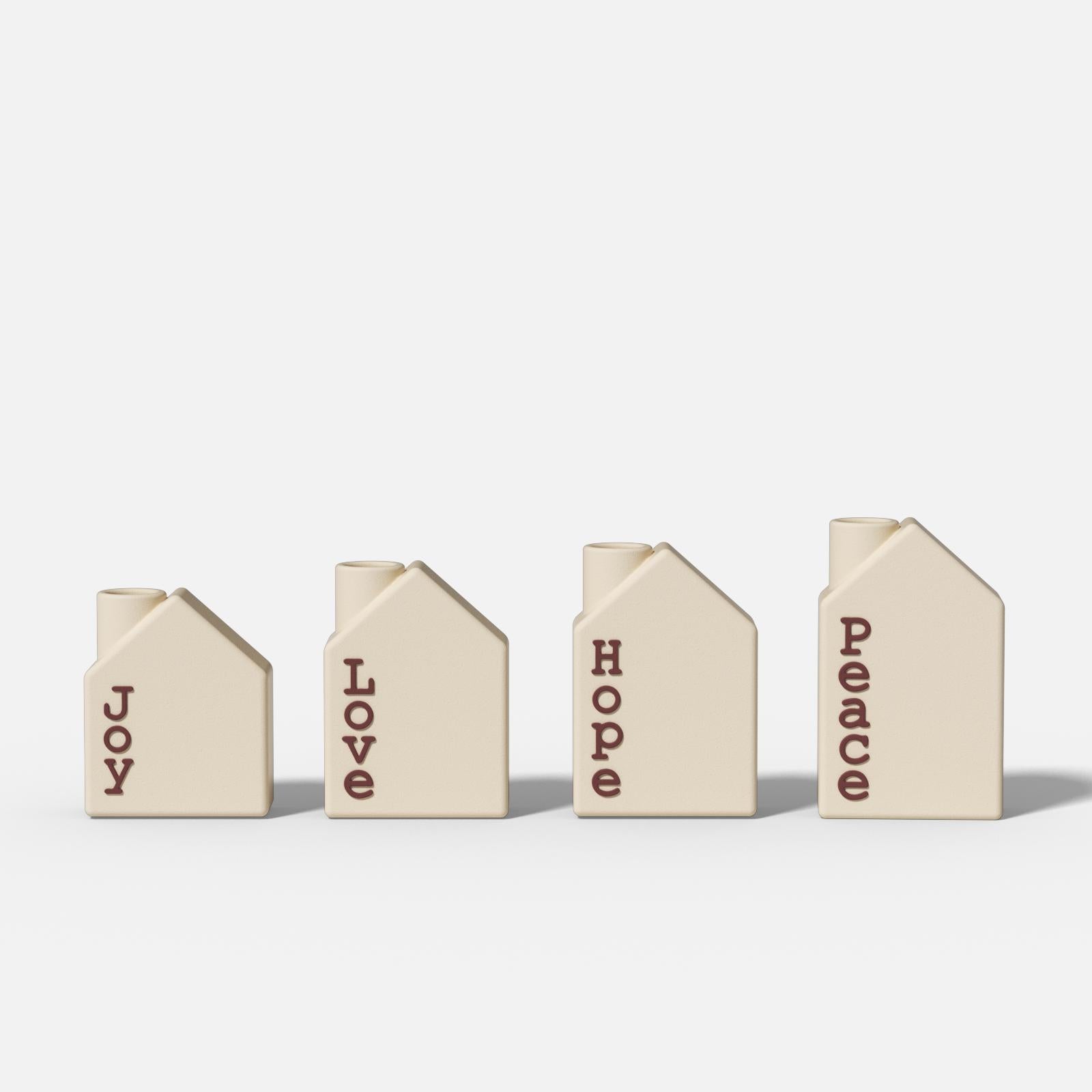 House-shaped Advent candle holders with engraved words Joy, Love, Hope, and Peace - Boowan Nicole