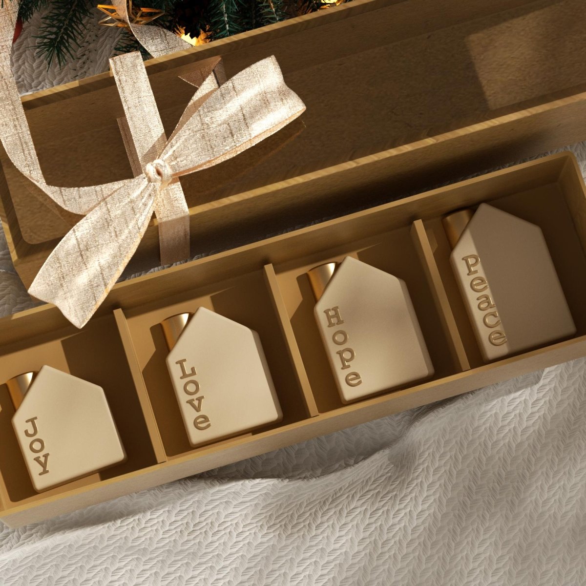 House-shaped candles with Joy, Love, Hope, Peace engravings in wooden gift box – handmade Christmas decor - Boowan Nicole