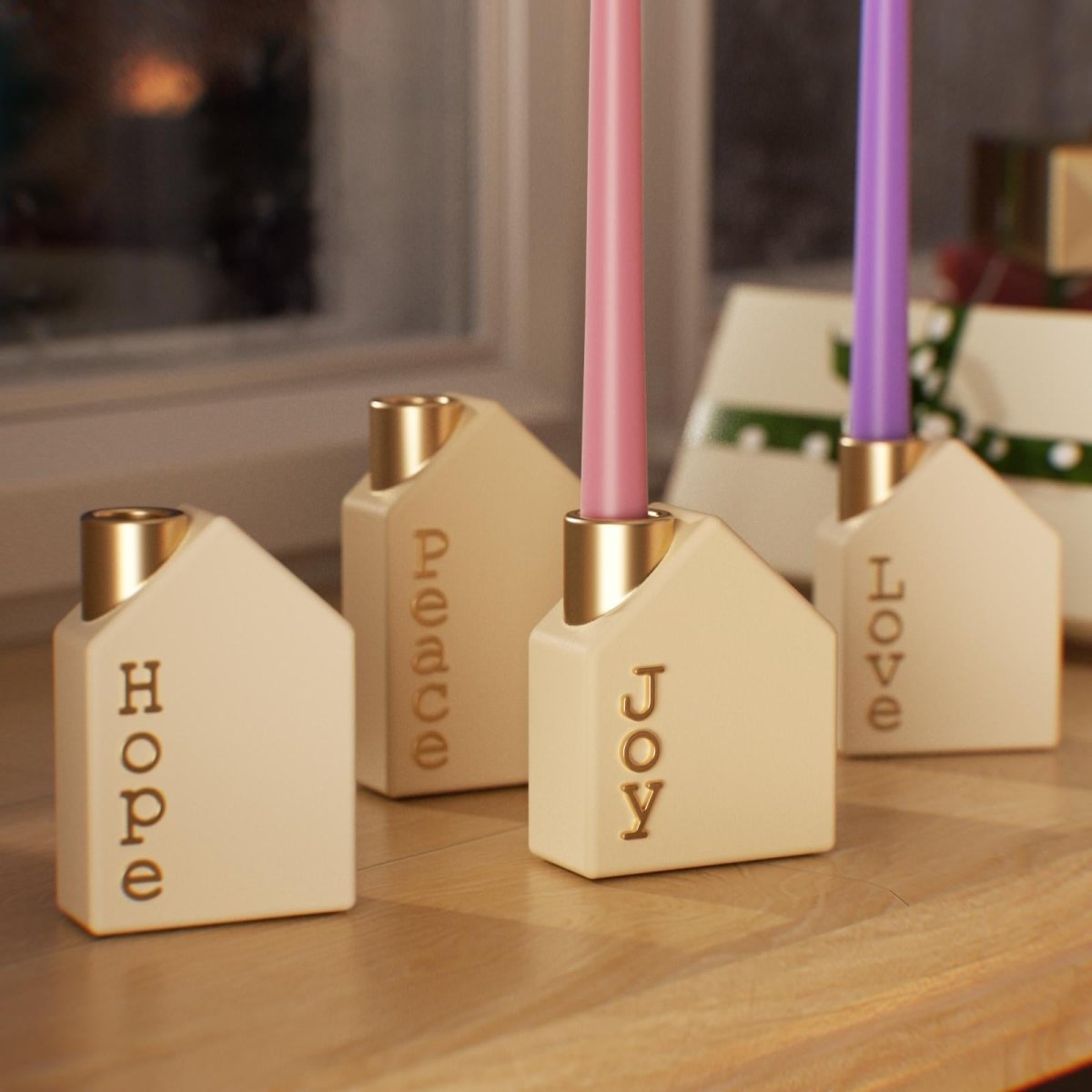 House-shaped Advent candle holders with gold letters Hope, Peace, Joy, and Love holding taper candles – Christmas table decor - Boowan Nicole