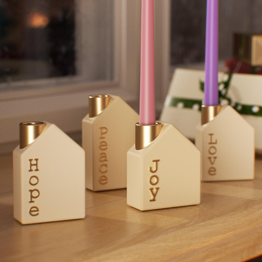 House-shaped Advent candle holders with gold letters Hope, Peace, Joy, and Love holding taper candles – Christmas table decor - Boowan Nicole