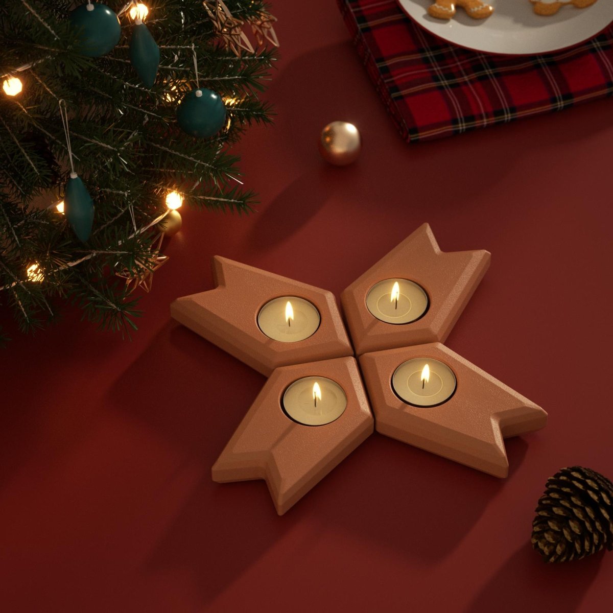 Star-shaped Advent candle holders with tea lights, displayed on a Christmas table with tree and festive décor - Boowan Nicole