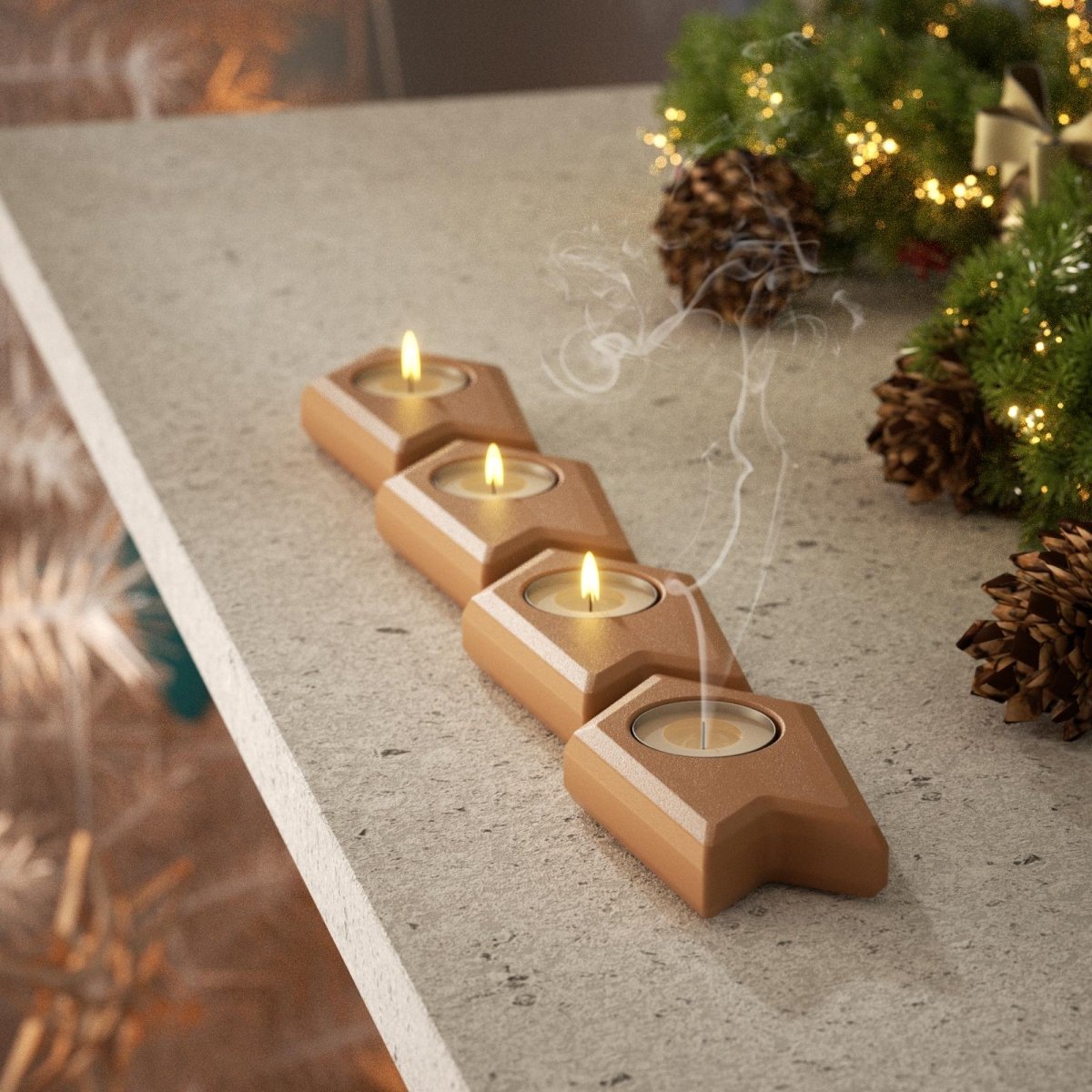 Row of modular Advent candle holders with burning tea lights on Christmas table décor - Boowan Nicole