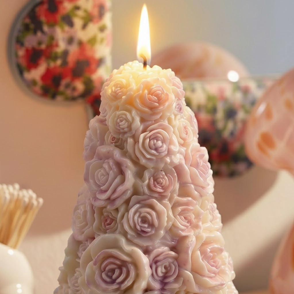 Lit pastel pink pearlescent rose tree candle with sculpted petals glowing softly on a romantic vanity - Boowan Nicole