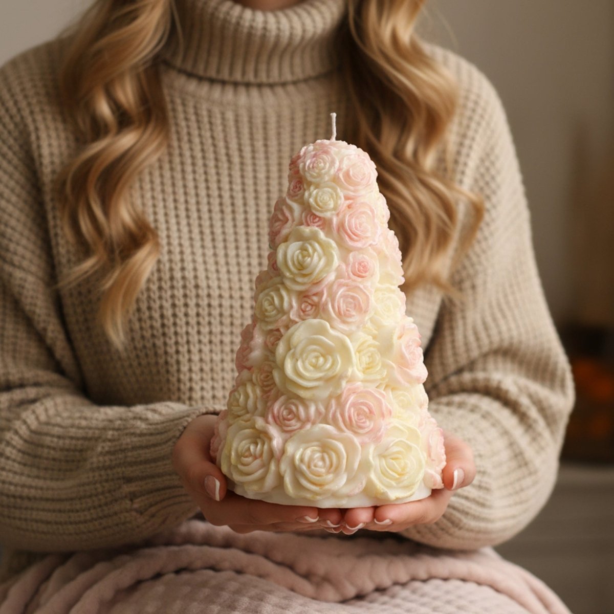 Hands in a cozy sweater holding a large pastel pink and cream rose tree candle - Boowan Nicole