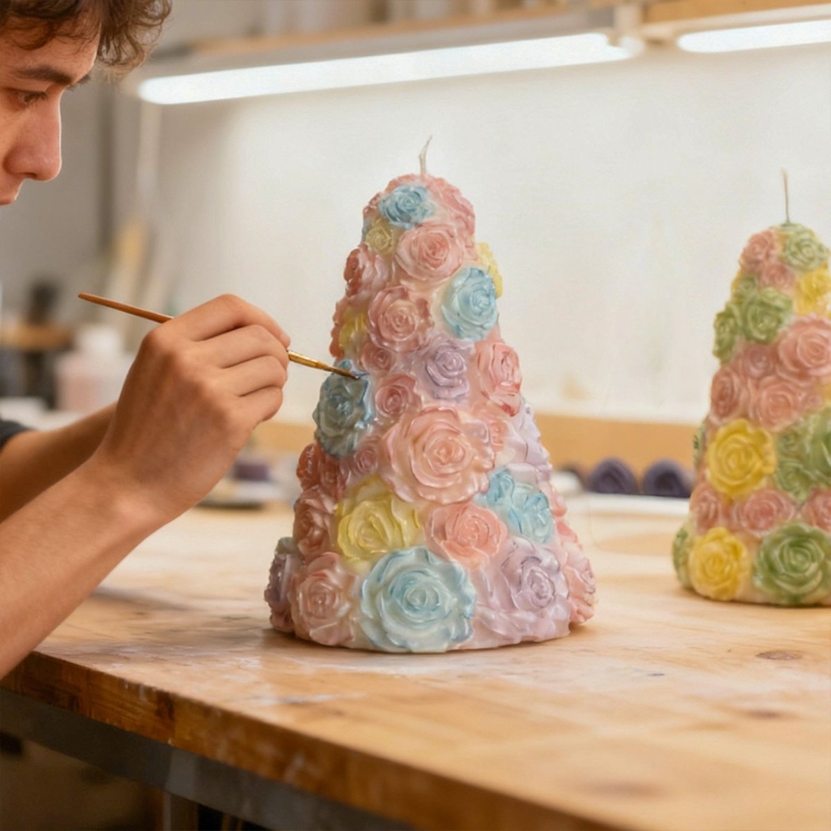 Artist hand-painting a large pastel rainbow rose tree candle on a studio workbench - Boowan Nicole